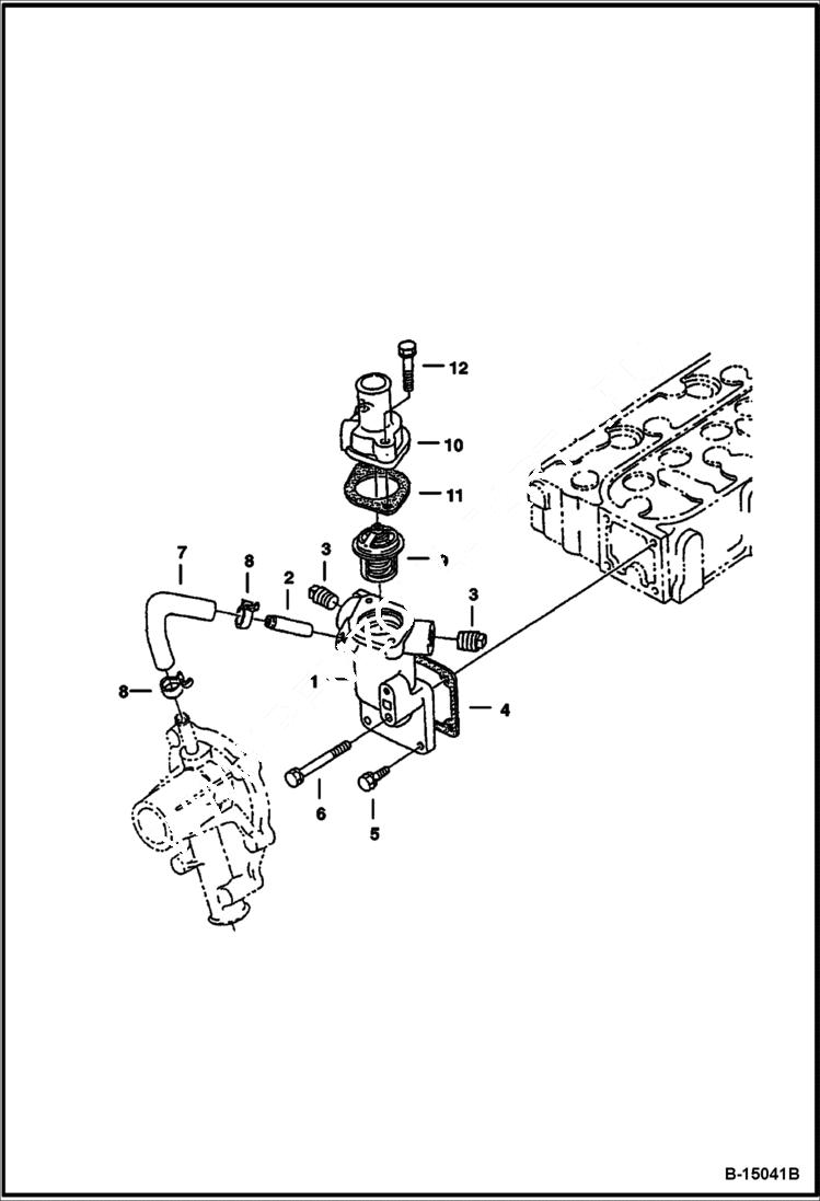 Схема запчастей Bobcat 400s - WATER FLANGE & THERMOSTAT (Kubota - D1005-E3B-BC-3)(Tier IV Replacement) REPLACEMENT ENGINE