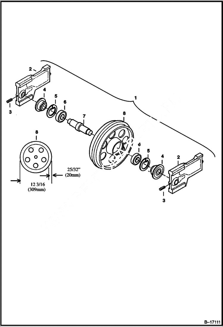 Схема запчастей Bobcat 334 - FRONT IDLER (W/ Holes In Idler) (S/N 512920148 & Below, 517711392 & Below, 516712419 & Below) UNDERCARRIAGE