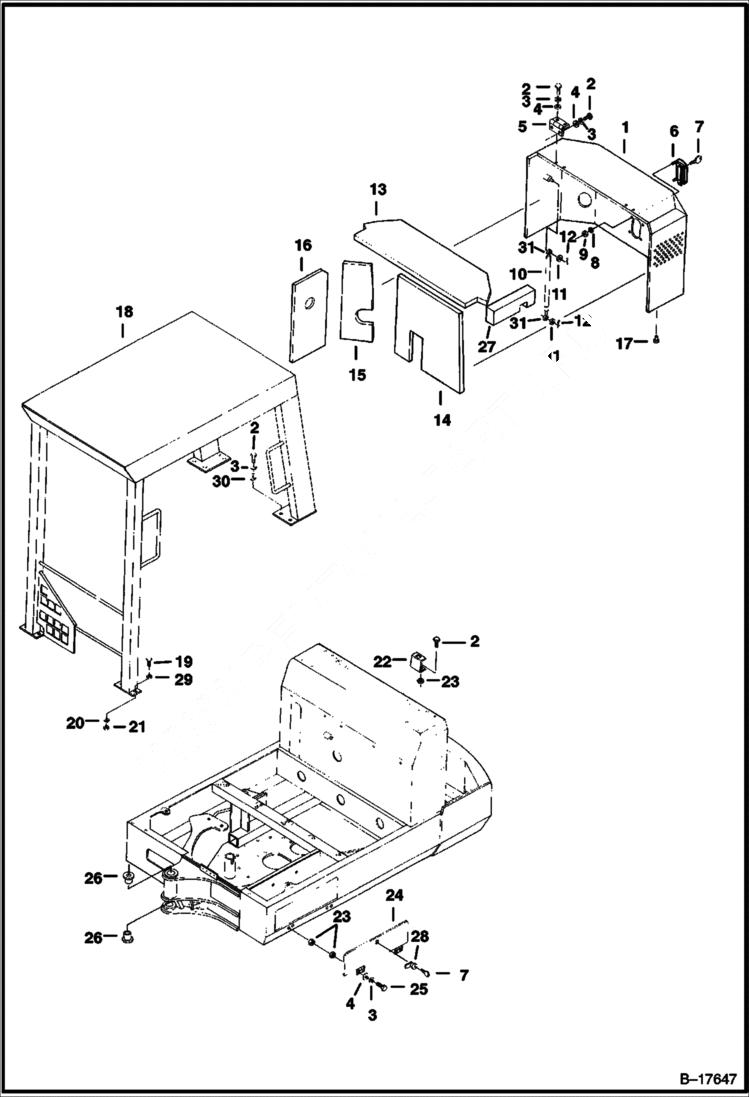Схема запчастей Bobcat 220 - MACHINE CANOPY & ENGINE COVER MAIN FRAME