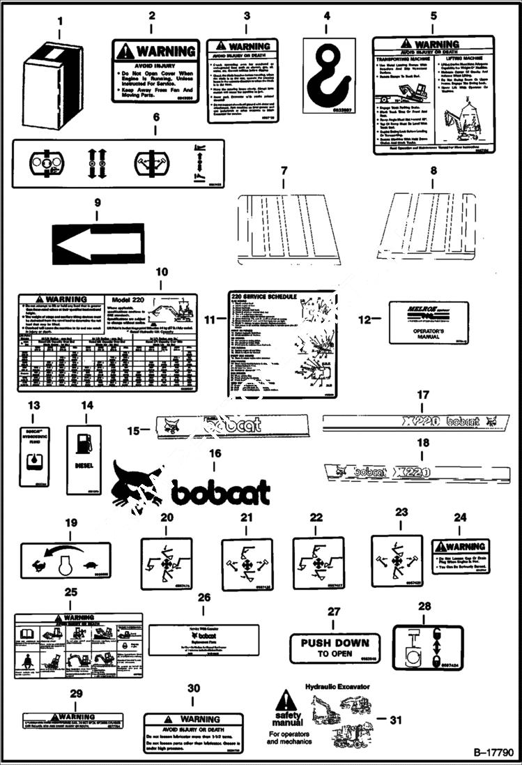 Схема запчастей Bobcat 220 - DECALS ACCESSORIES & OPTIONS