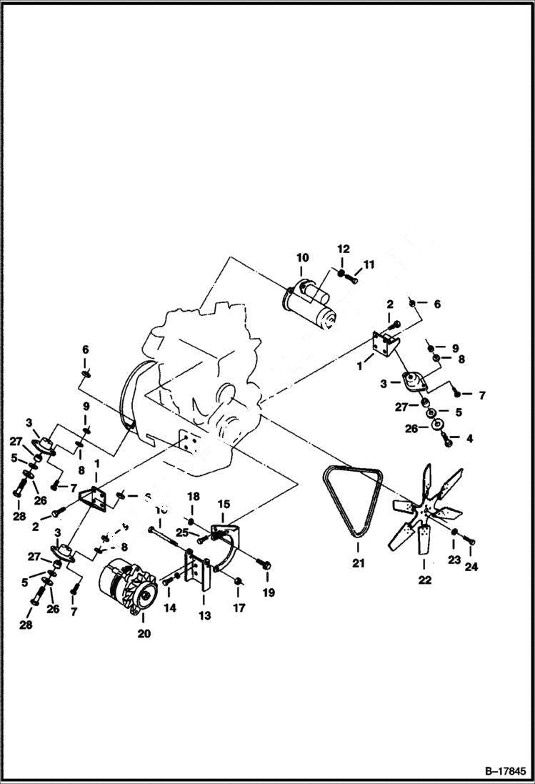 Схема запчастей Bobcat 220 - ENGINE, STARTER, ALTERNATOR & FAN MOUNTING POWER UNIT