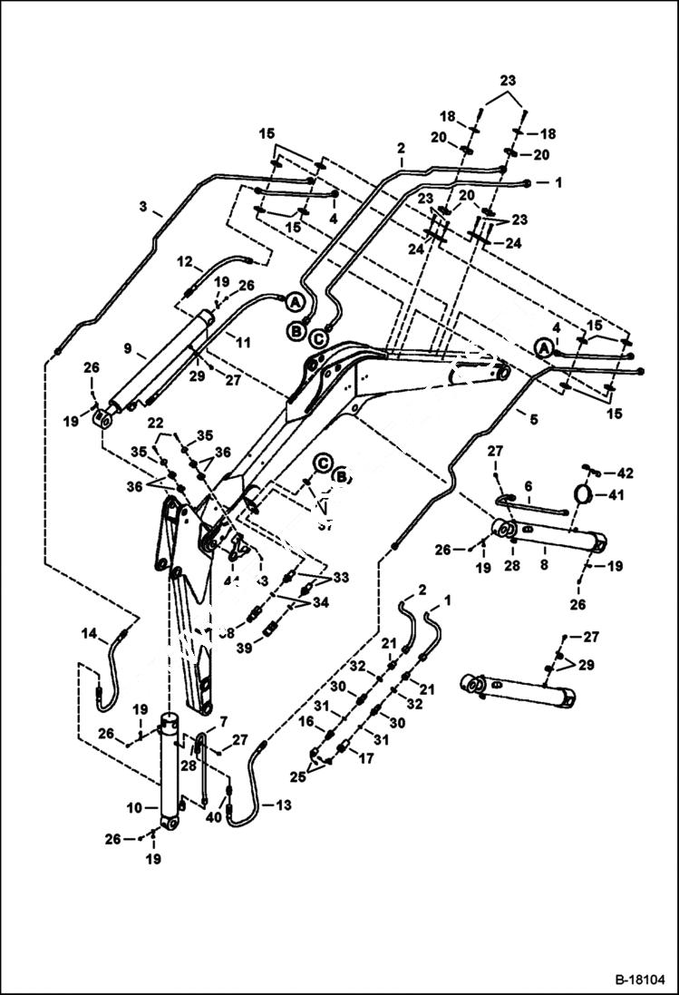 Схема запчастей Bobcat 331 - HYDRAULIC CIRCUITRY (Arm, Boom, Bucket & Auxiliary) (S/N 512913001 & Above, 517711001 & Above, and 516711001 & Above) HYDRAULIC SYSTEM