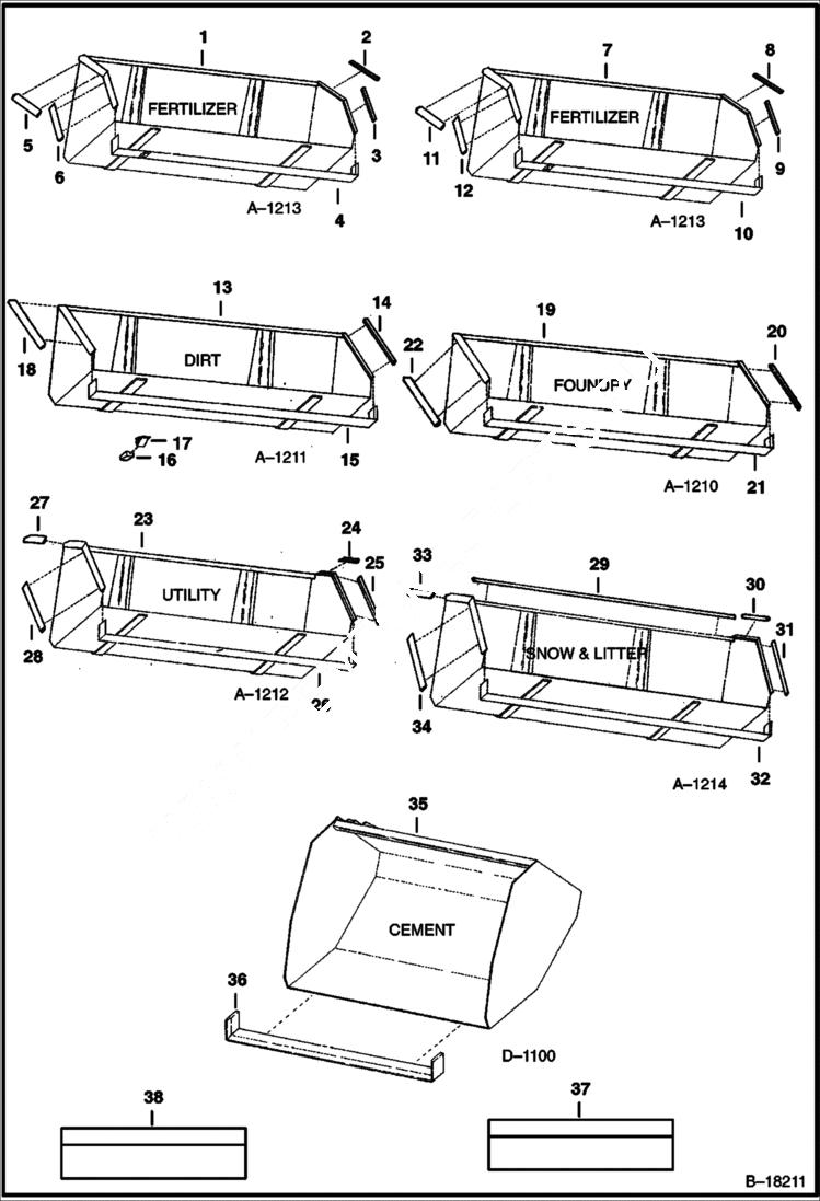 Схема запчастей Bobcat BUCKETS - BUCKETS - 600 & 700 Series Loader