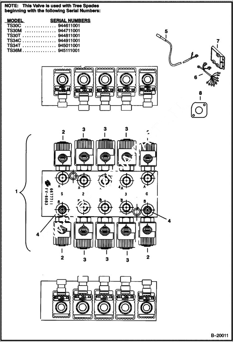 Схема запчастей Bobcat TREE SPADE - TREE SPADE (Control Valve) (With Dedicated 7-Pin Control) (3 Blade Models) Loader
