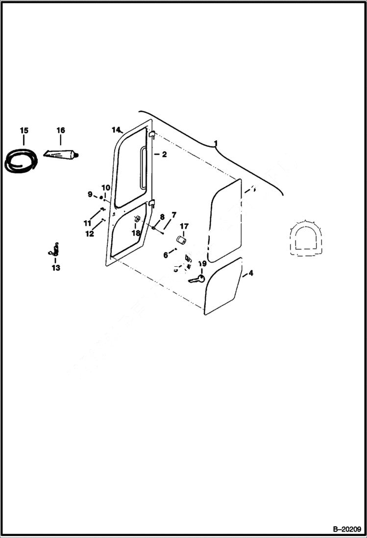 Схема запчастей Bobcat 331 - OPERATOR CAB (Door) (Glued Windows) MAIN FRAME