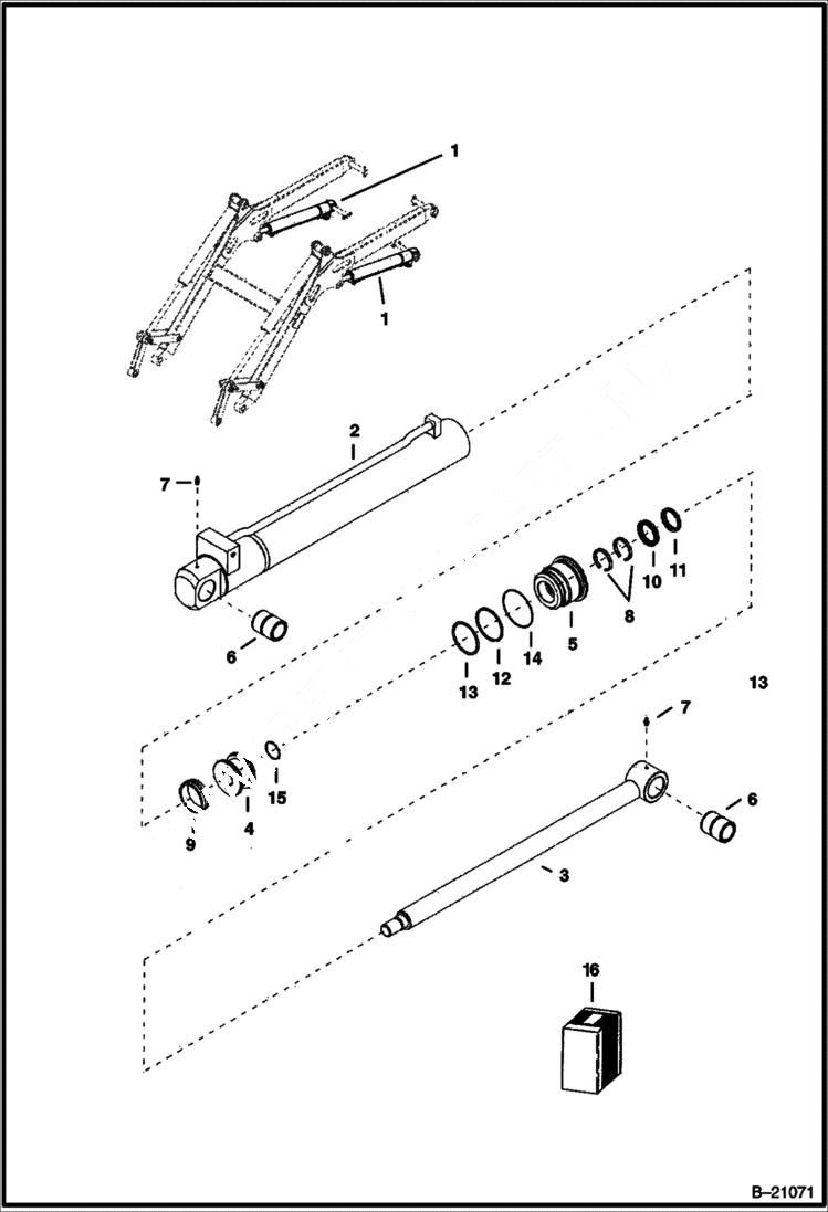 Схема запчастей Bobcat B200 - LIFT CYLINDER (B200) 5702 11100 & Below (B250) 5703 11070 & Below HYDRAULIC SYSTEM