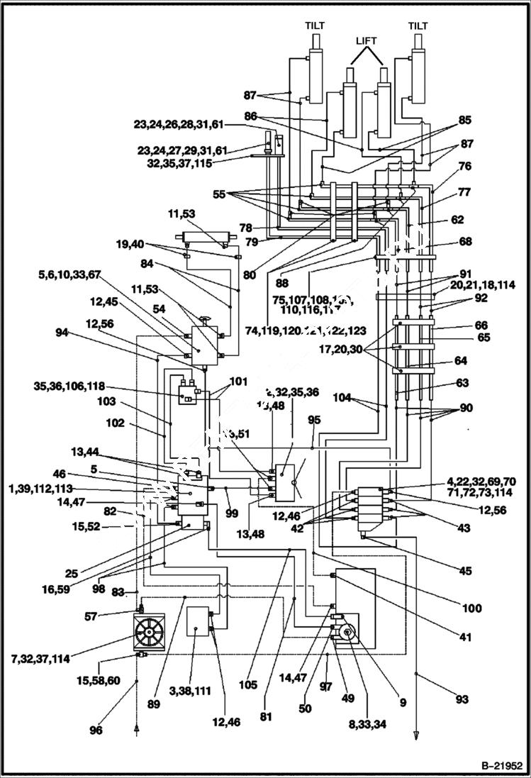 Схема запчастей Bobcat B100 - HYDRAULIC CIRCUITRY 5700 11057 & Above HYDRAULIC SYSTEM