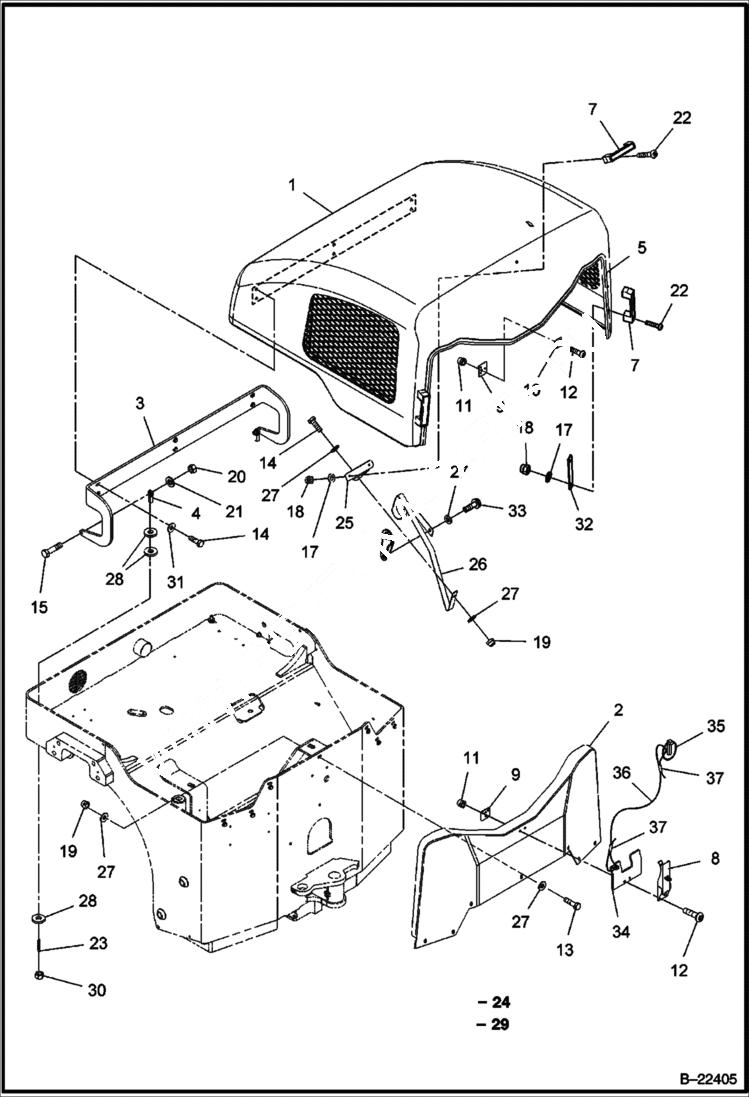 Схема запчастей Bobcat BCA24 - HOOD & TRIM MAIN FRAME