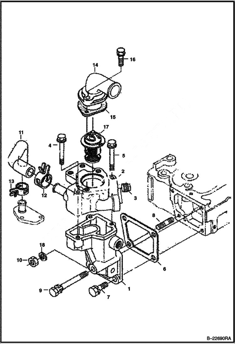 Схема запчастей Bobcat S-Series - WATER FLANGE & THERMOSTAT (Kubota - V2203MDI - Tier II) POWER UNIT