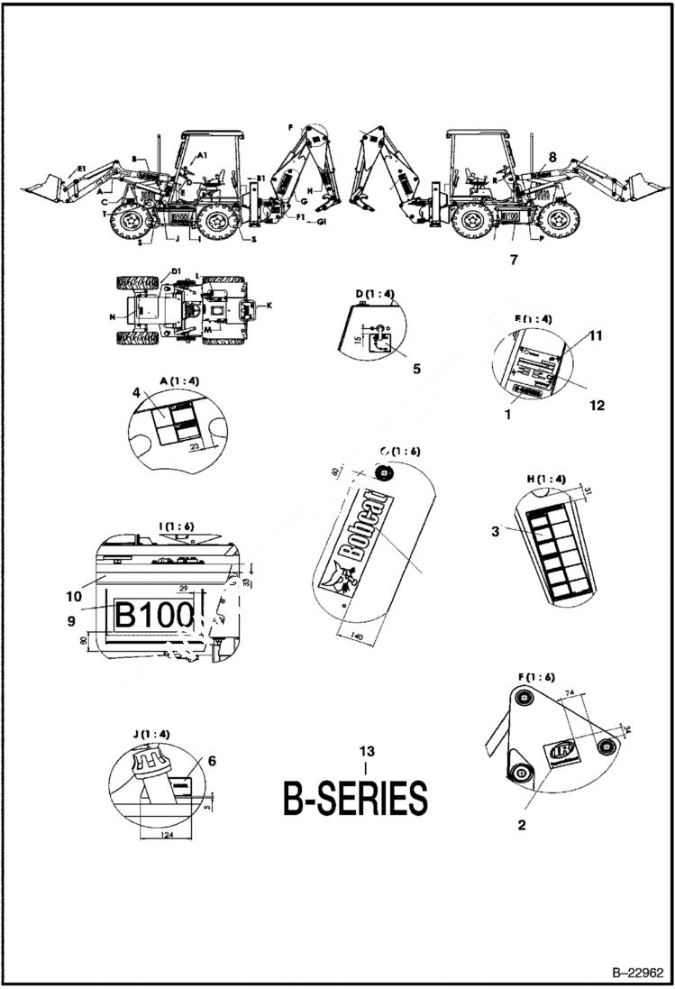 Схема запчастей Bobcat B100 - DECALS ACCESSORIES & OPTIONS