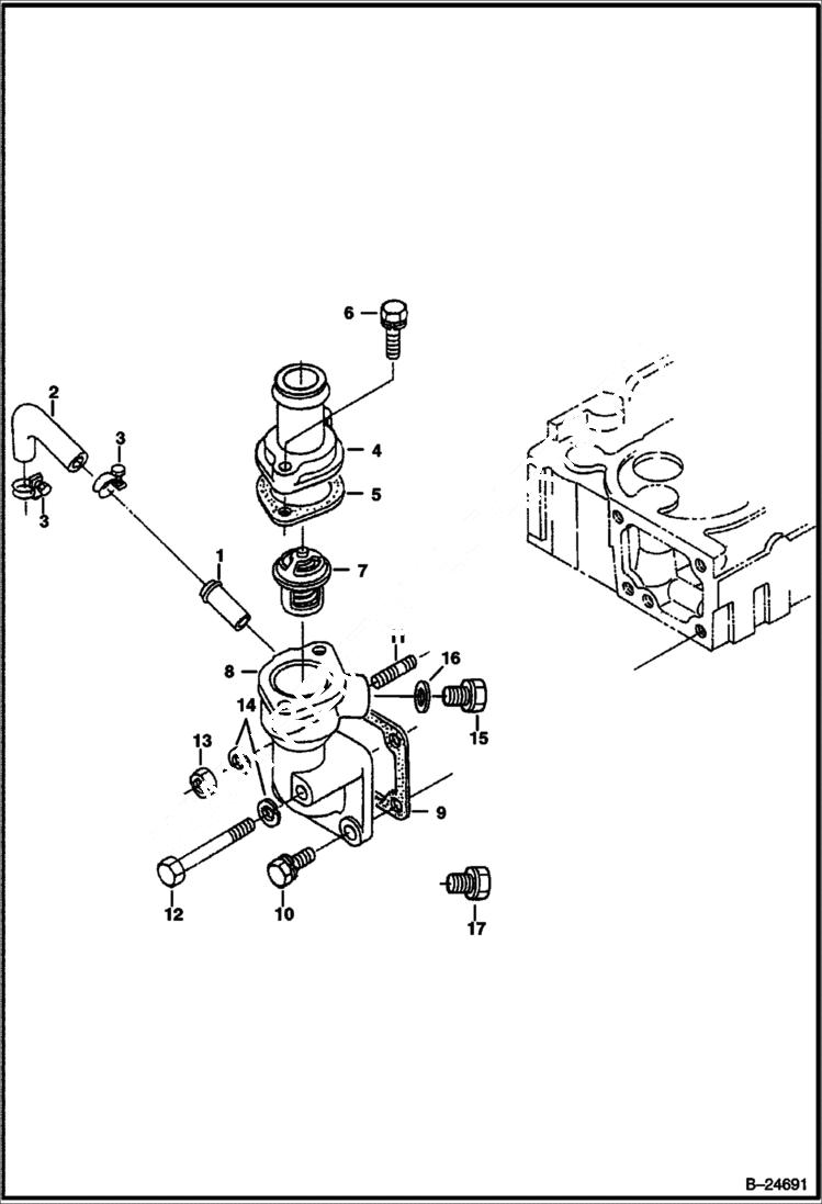 Схема запчастей Bobcat S-Series - WATER FLANGE & THERMOSTAT (Kubota - V2003-T-2EB - Tier II Replacement) REPLACEMENT ENGINE