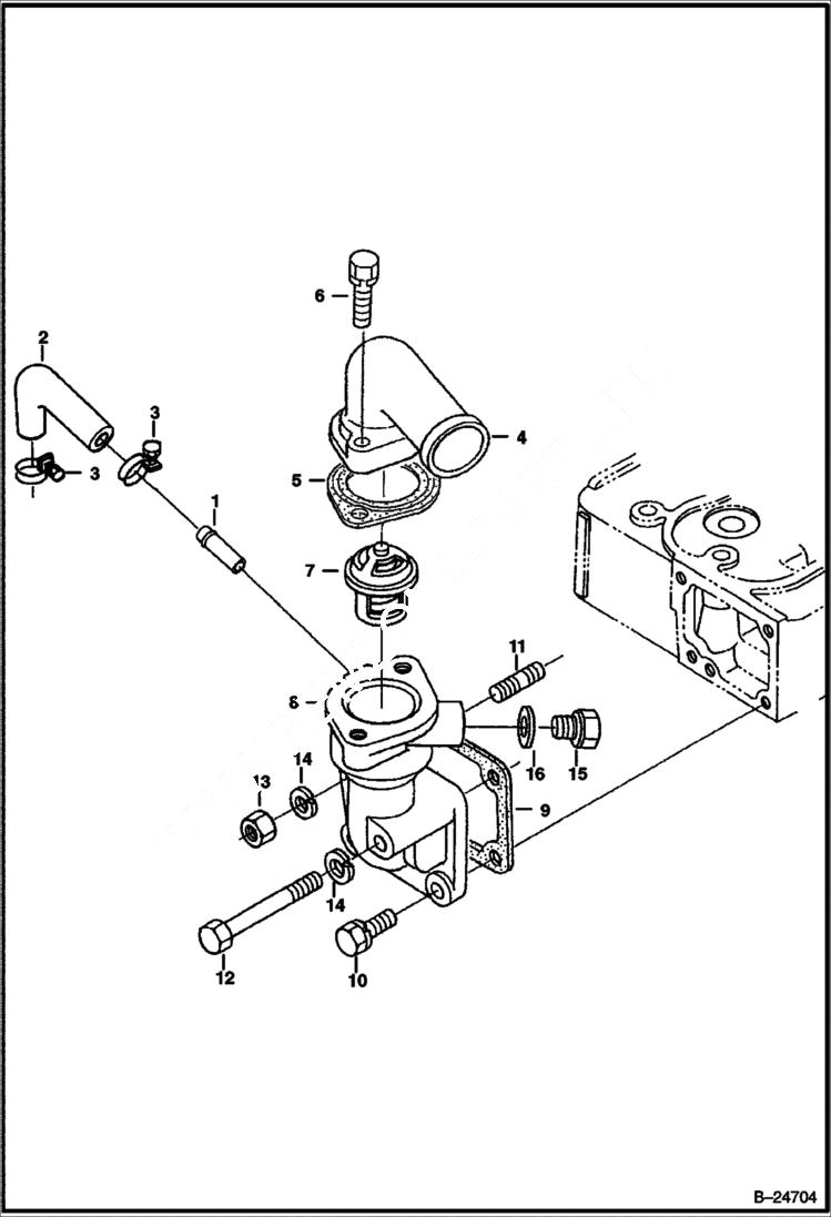Схема запчастей Bobcat S-Series - WATER FLANGE & THERMOSTAT (Kubota - V2203 2EB - Tier II Replacement) REPLACEMENT ENGINE