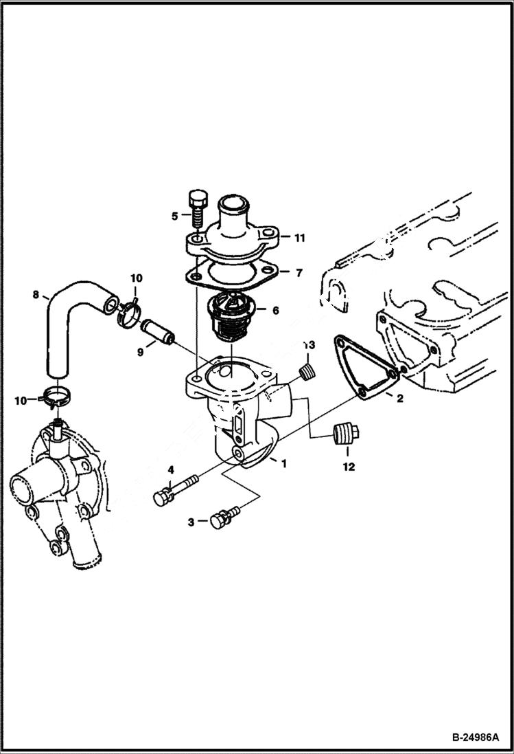 Схема запчастей Bobcat Mini Tracks Loaders - WATER FLANGE & THERMOSTAT (Kubota - D722-E3B-BC-6)(Tier IV) REPLACEMENT ENGINE