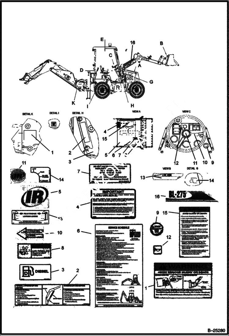 Схема запчастей Bobcat BL275 - DECALS ACCESSORIES & OPTIONS