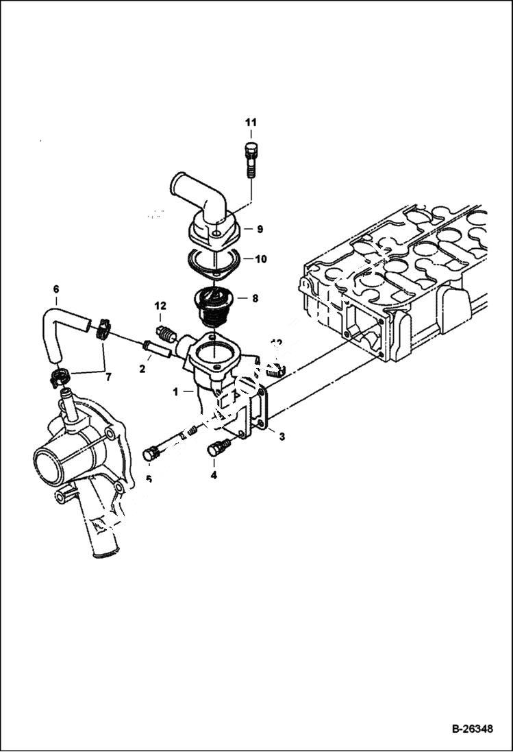 Схема запчастей Bobcat E25 - WATER FLANGE & THERMOSTAT POWER UNIT