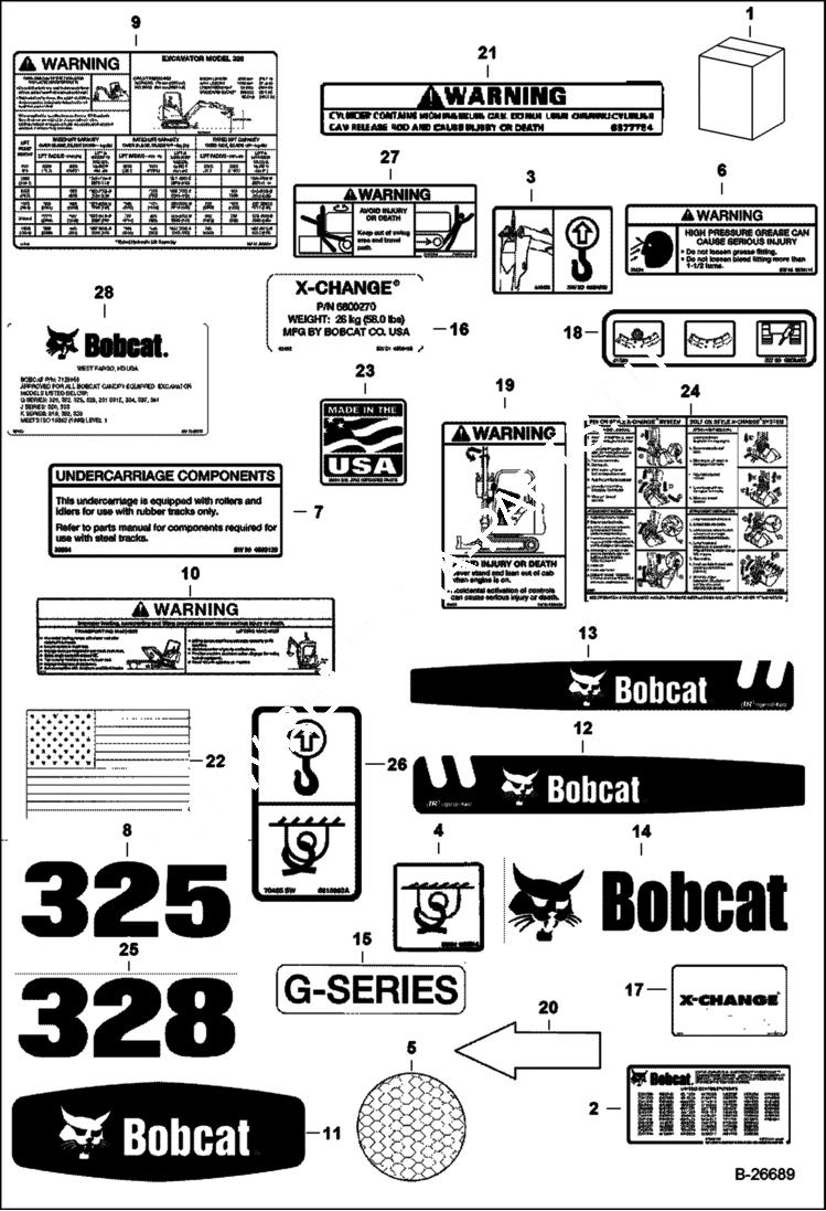 Схема запчастей Bobcat 328 - DECALS (Outside) ACCESSORIES & OPTIONS