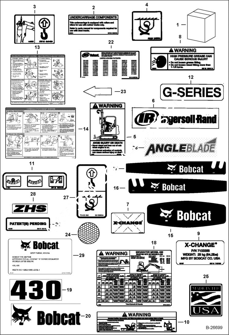 Схема запчастей Bobcat 430 - DECALS (Outside) ACCESSORIES & OPTIONS