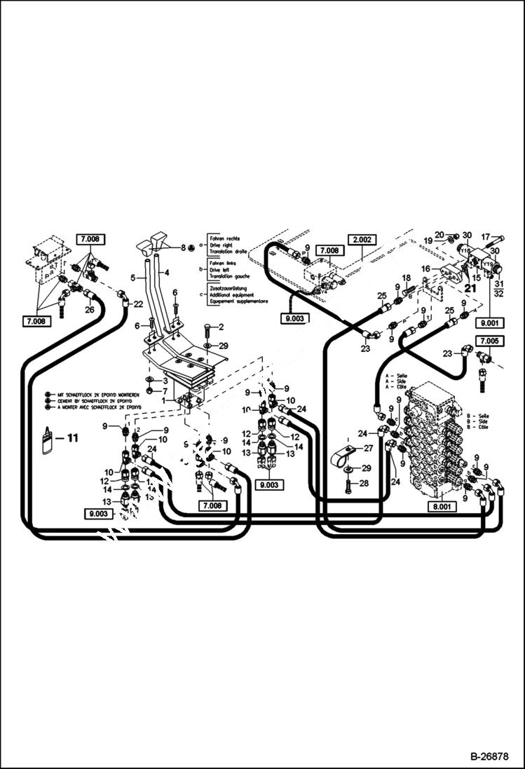 Схема запчастей Bobcat 442 - HYDRAULIC INSTALLATION Pilot Control Travel, Additonal Outlet HYDRAULIC SYSTEM