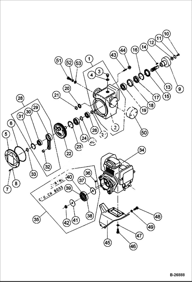 Схема запчастей Bobcat UPRIGHT RAMMER - UPPER SECTION & ENGINE MAIN FRAME