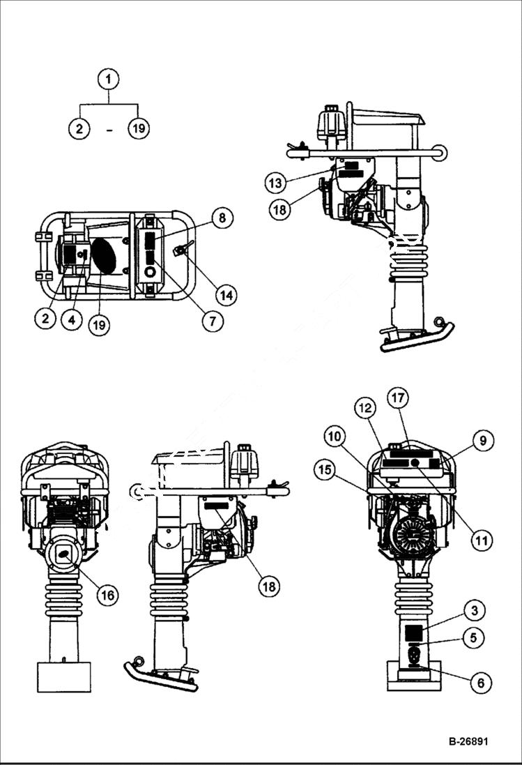 Схема запчастей Bobcat UPRIGHT RAMMER - DECALS MAIN FRAME