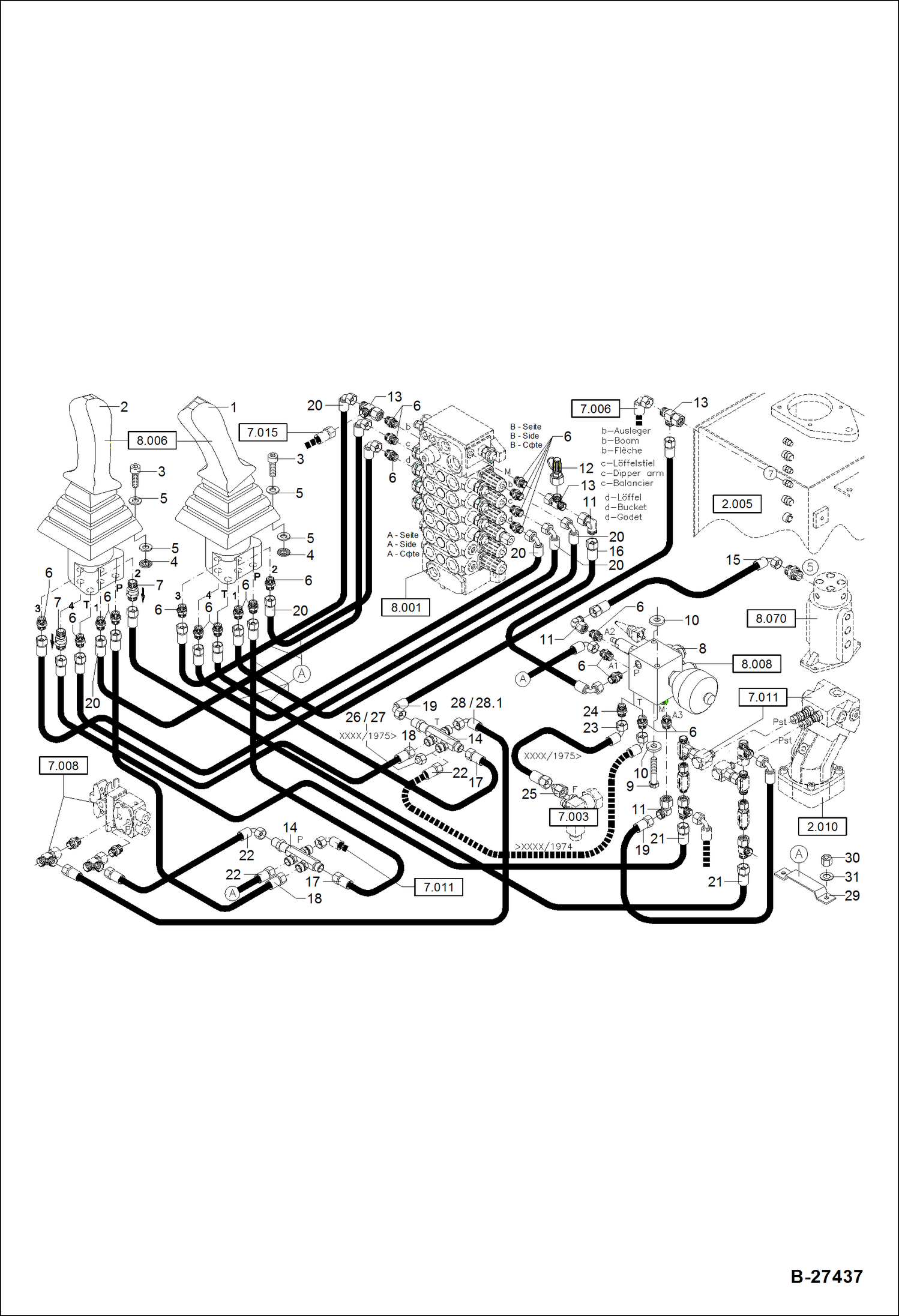 Схема запчастей Bobcat ZX75 - HYDRAULIC INSTALLATION - PILOT CONTROL Work Equipment HYDRAULIC SYSTEM