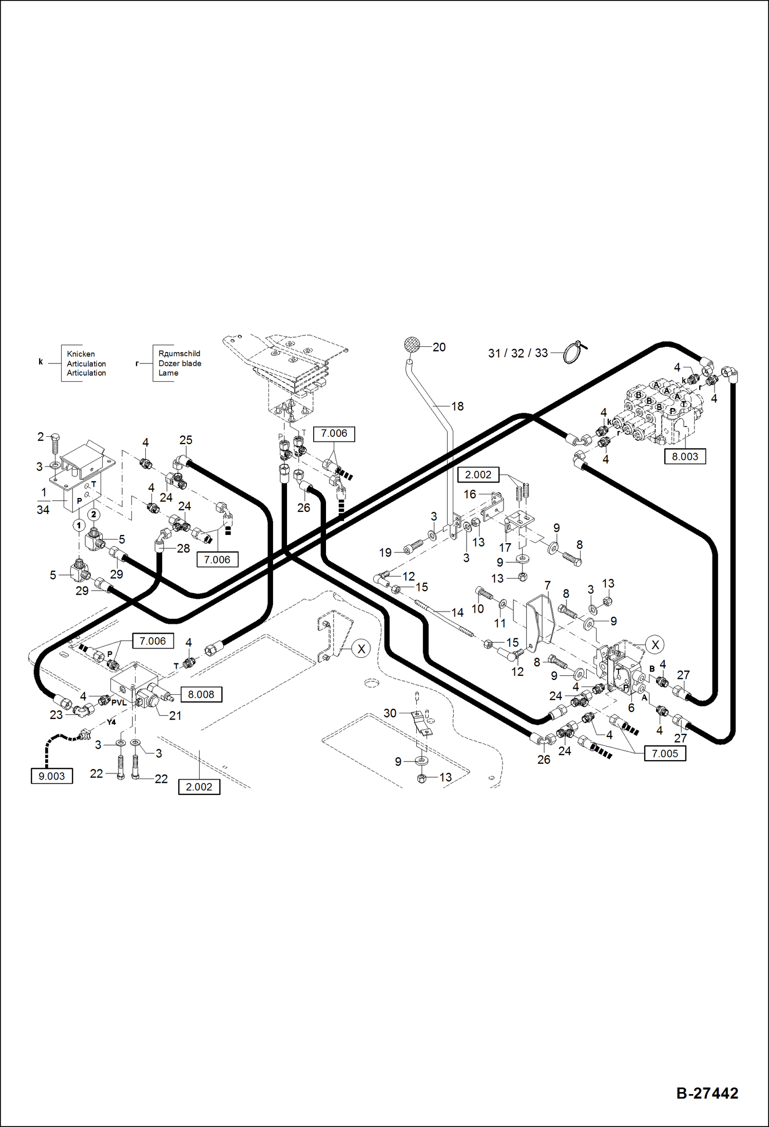 Схема запчастей Bobcat ZX75 - HYDRAULIC INSTALLATION - PILOT CONTROL Dozer Blade & Articulation S/N XXXX/2842 & Abv HYDRAULIC SYSTEM