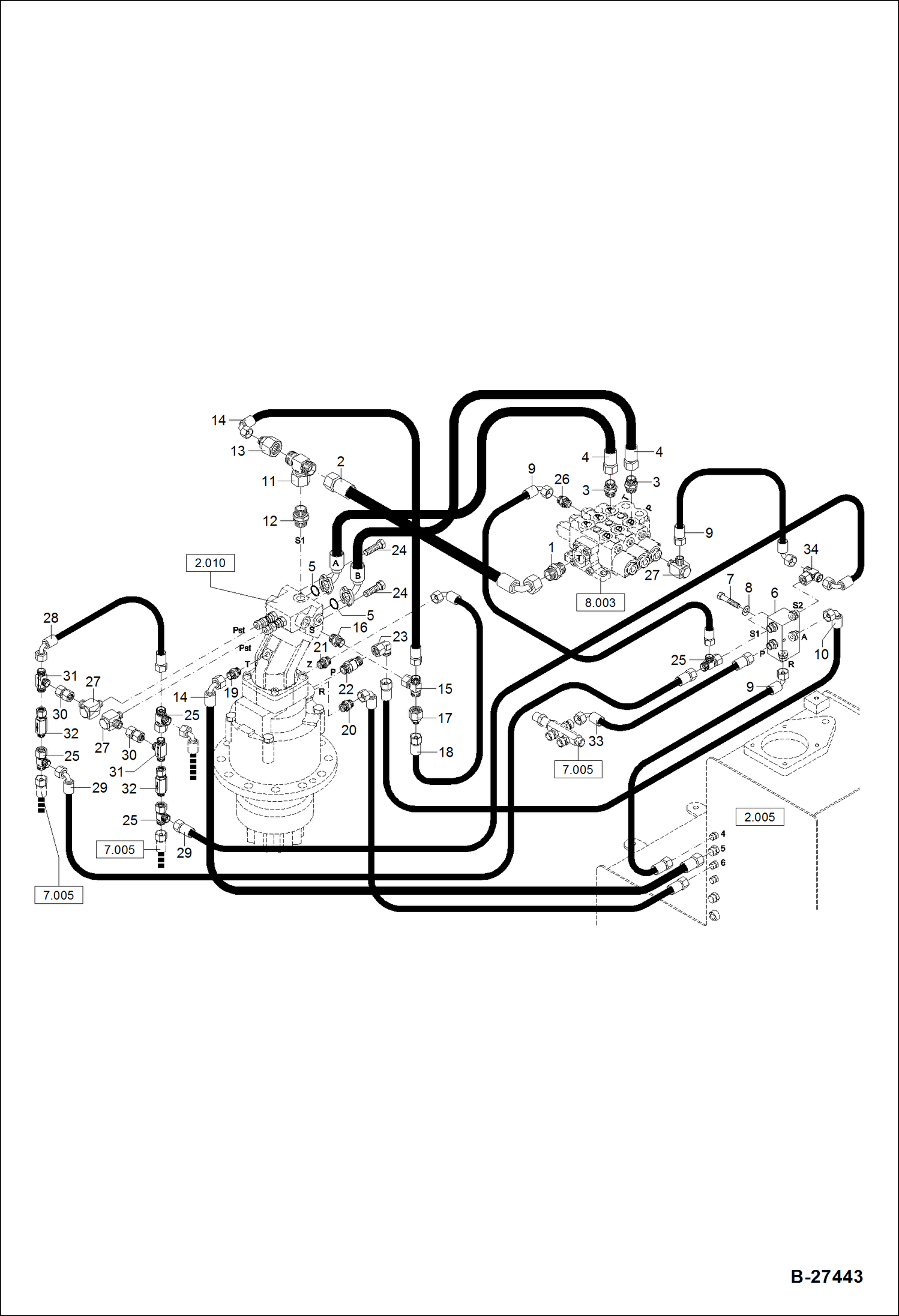 Схема запчастей Bobcat ZX75 - HYDRAULIC INSTALLATION - SLEW EQUIPMENT HYDRAULIC SYSTEM