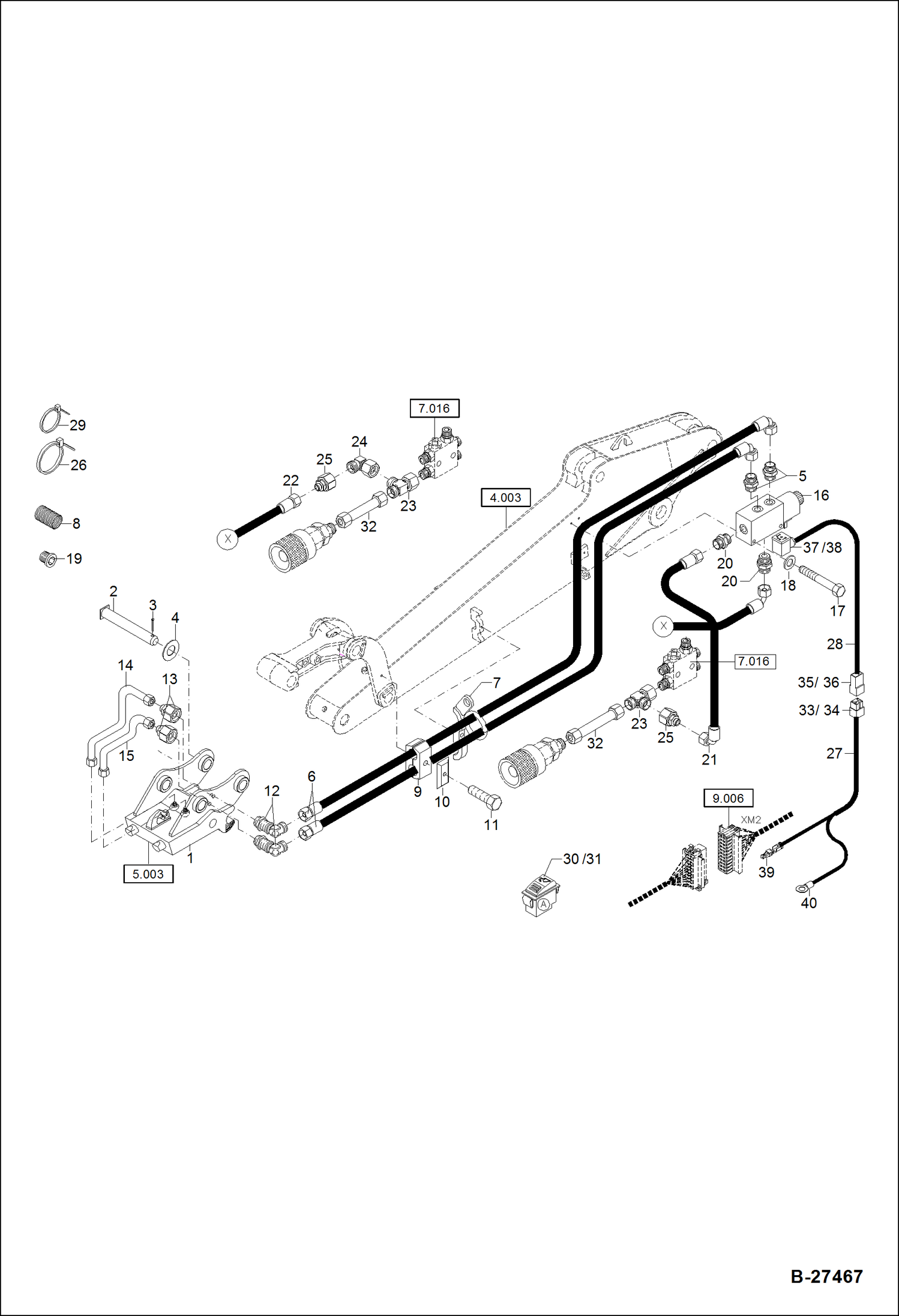 Схема запчастей Bobcat ZX75 - HYDRAULIC INSTALLATION - QUICK MOUNT HITCH Lehnhoff HM08 W/Mono Boom Previous Version HYDRAULIC SYSTEM