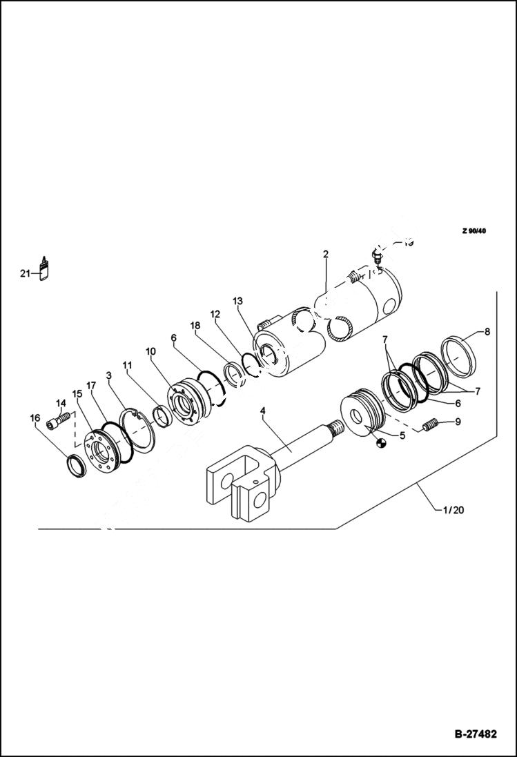 Схема запчастей Bobcat ZX75 - HYDRAULIC CYLINDER - SWIVELLING BUCKET HYDRAULIC SYSTEM