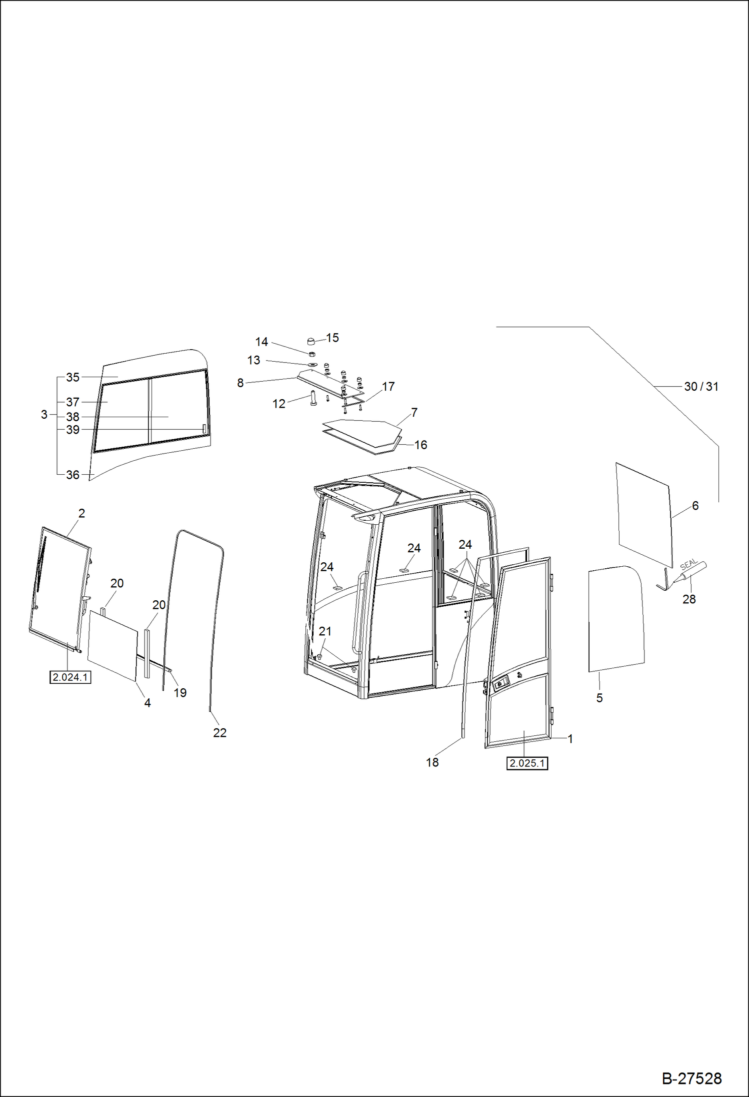Схема запчастей Bobcat ZX125 - OPERATORS CAB CEMENTED PANES Cab S/N.: 202.042.466 & Abv MAIN FRAME