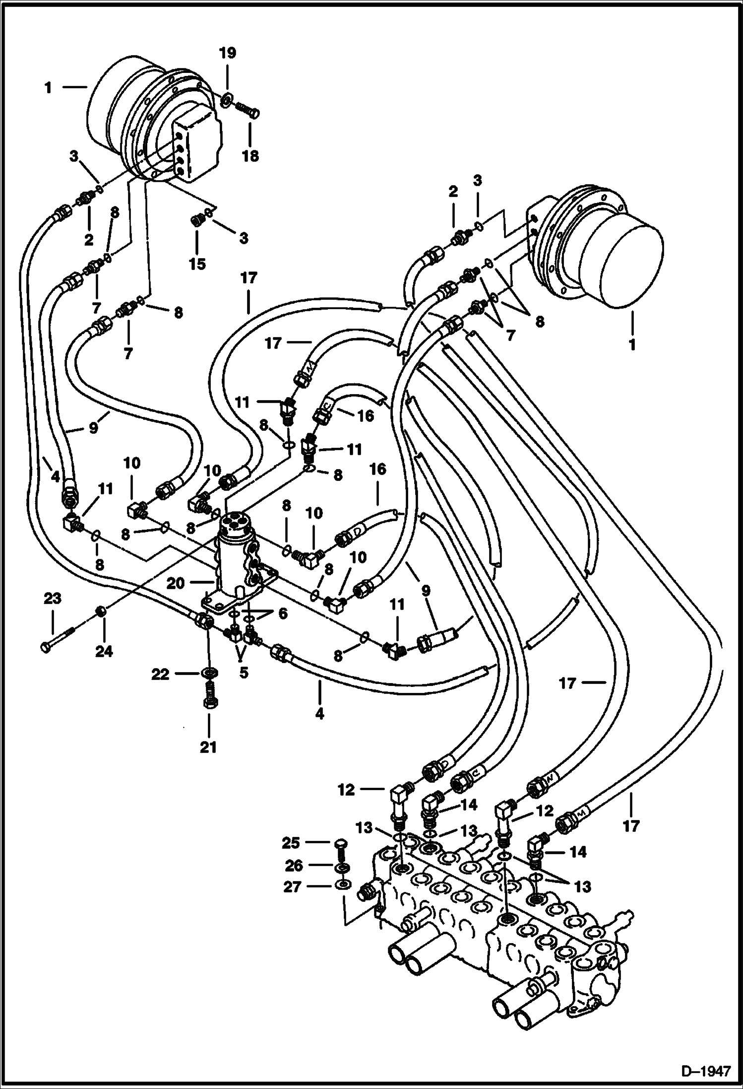 Схема запчастей Bobcat 225 - HYDRAULIC CIRCUITRY (Valve to Travel Motor) HYDRAULIC SYSTEM