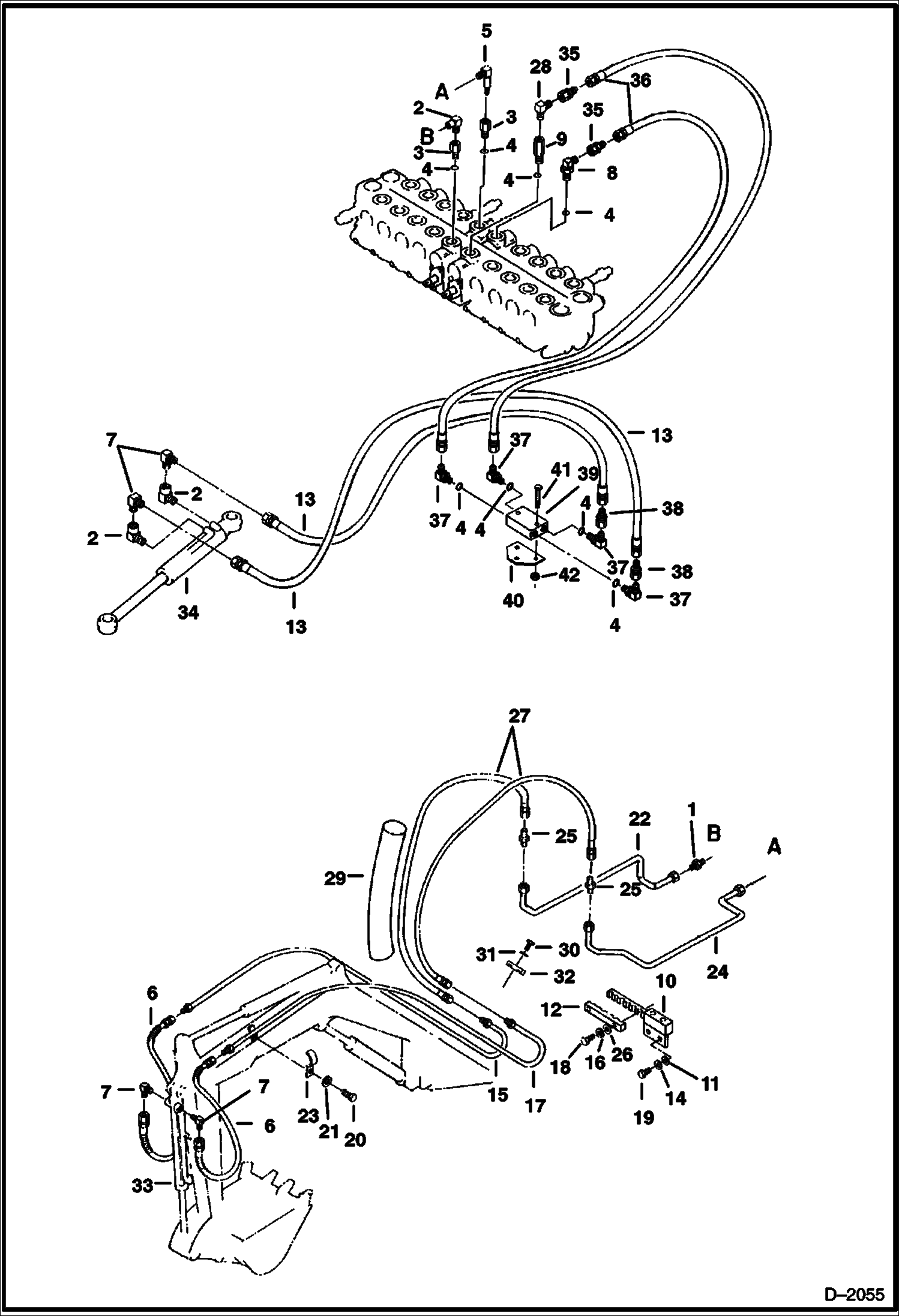 Схема запчастей Bobcat 220 - HYDRAULIC CIRCUITRY (Valve to Bucket & Swing Cylinders) (With Swing Cylinder Lock Valve) HYDRAULIC SYSTEM