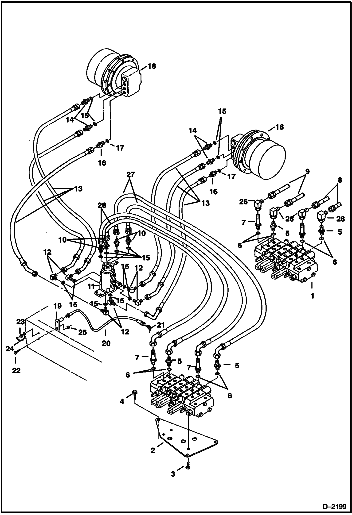 Схема запчастей Bobcat 220 - HYDRAULIC CIRCUITRY (Valve to Travel Motors) HYDRAULIC SYSTEM