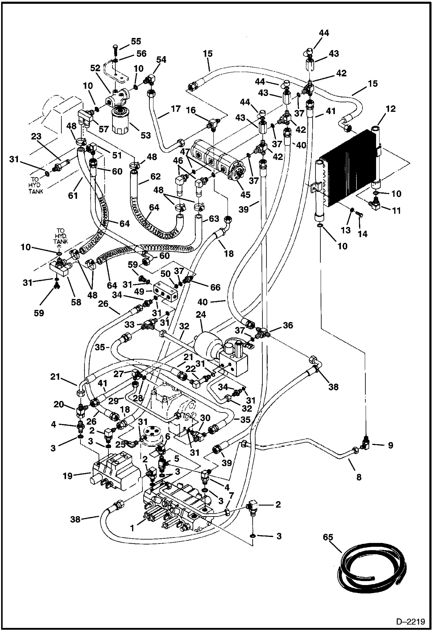 Схема запчастей Bobcat 220 - HYDRAULIC CIRCUITRY (Pump to Valve to Cooler to Filter) (S/N 508215738 & Above) HYDRAULIC SYSTEM