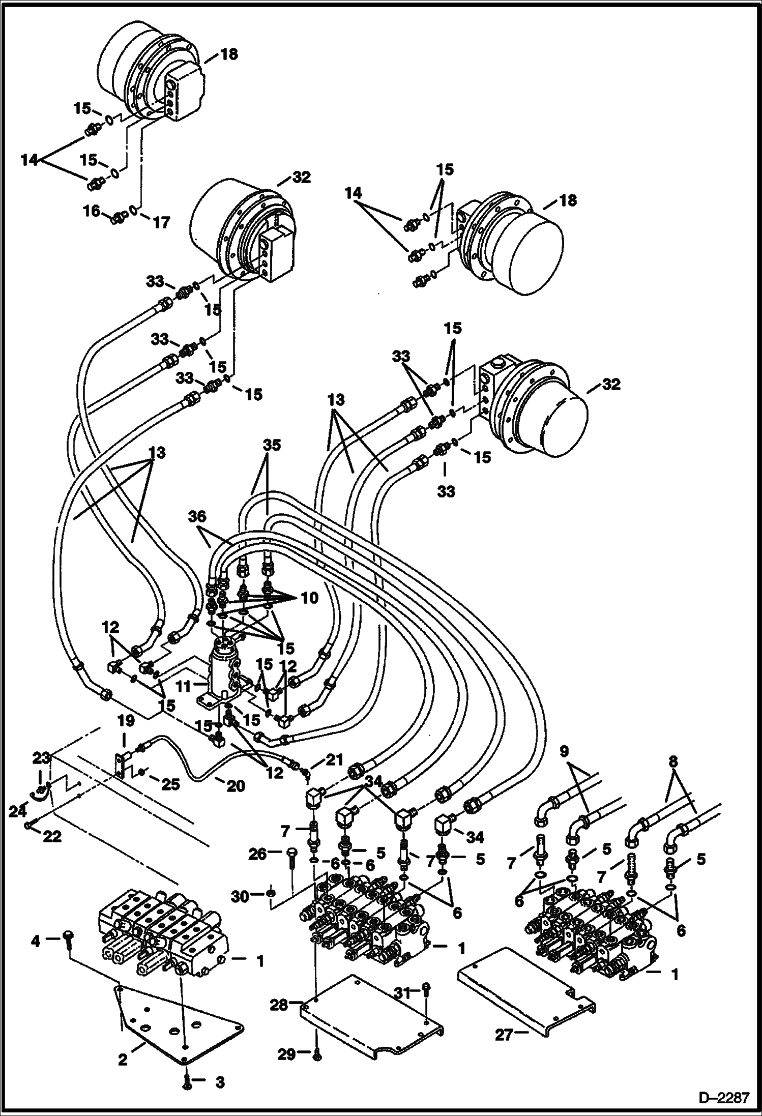 Схема запчастей Bobcat 320 - HYDRAULIC CIRCUITRY (Valve to Travel Motors) HYDRAULIC SYSTEM