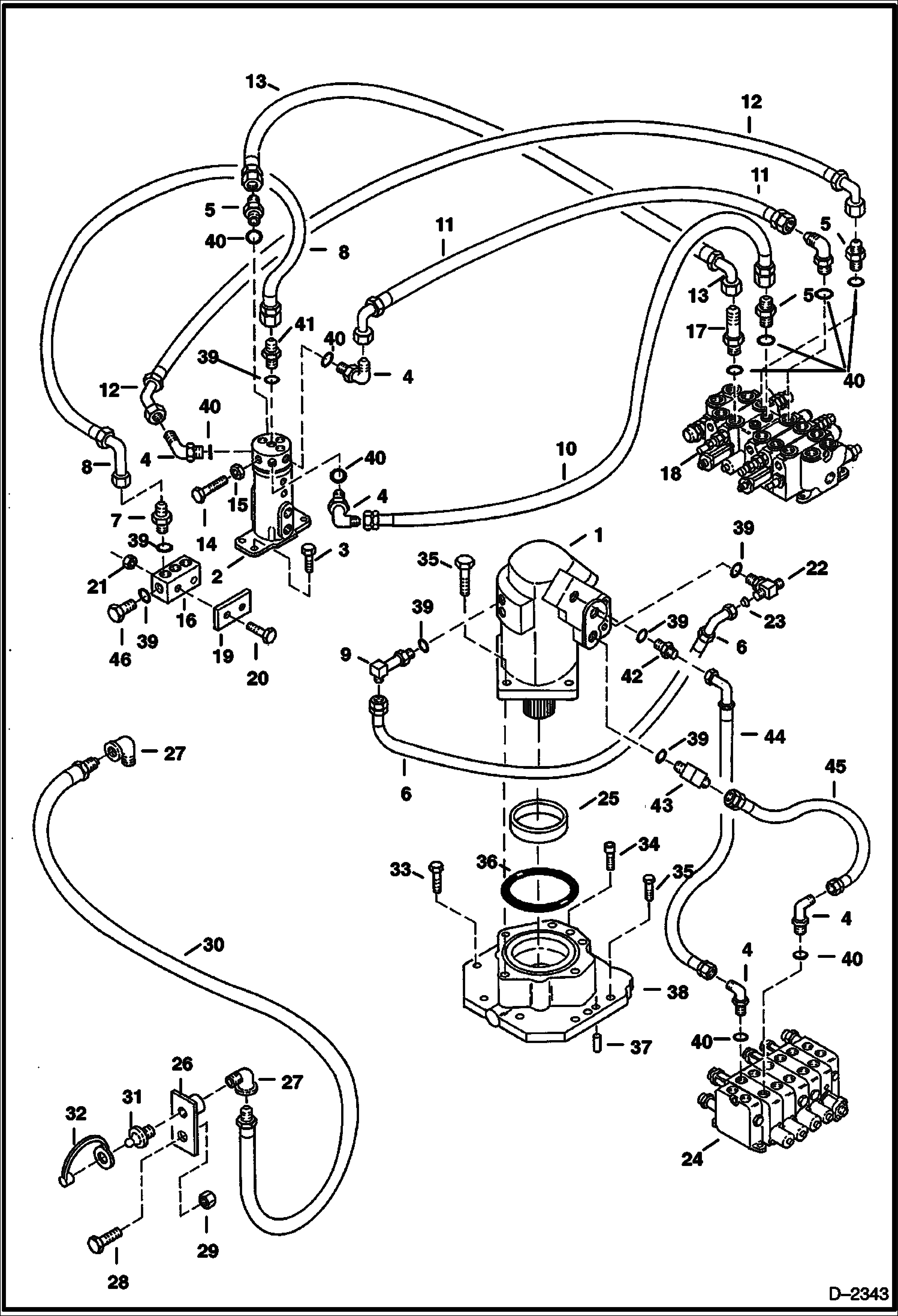 Схема запчастей Bobcat 334 - HYDRAULIC CIRCUITRY (Valve to Swivel Joint to Drain Block) (S/N 512913001 - 512915199) HYDRAULIC SYSTEM