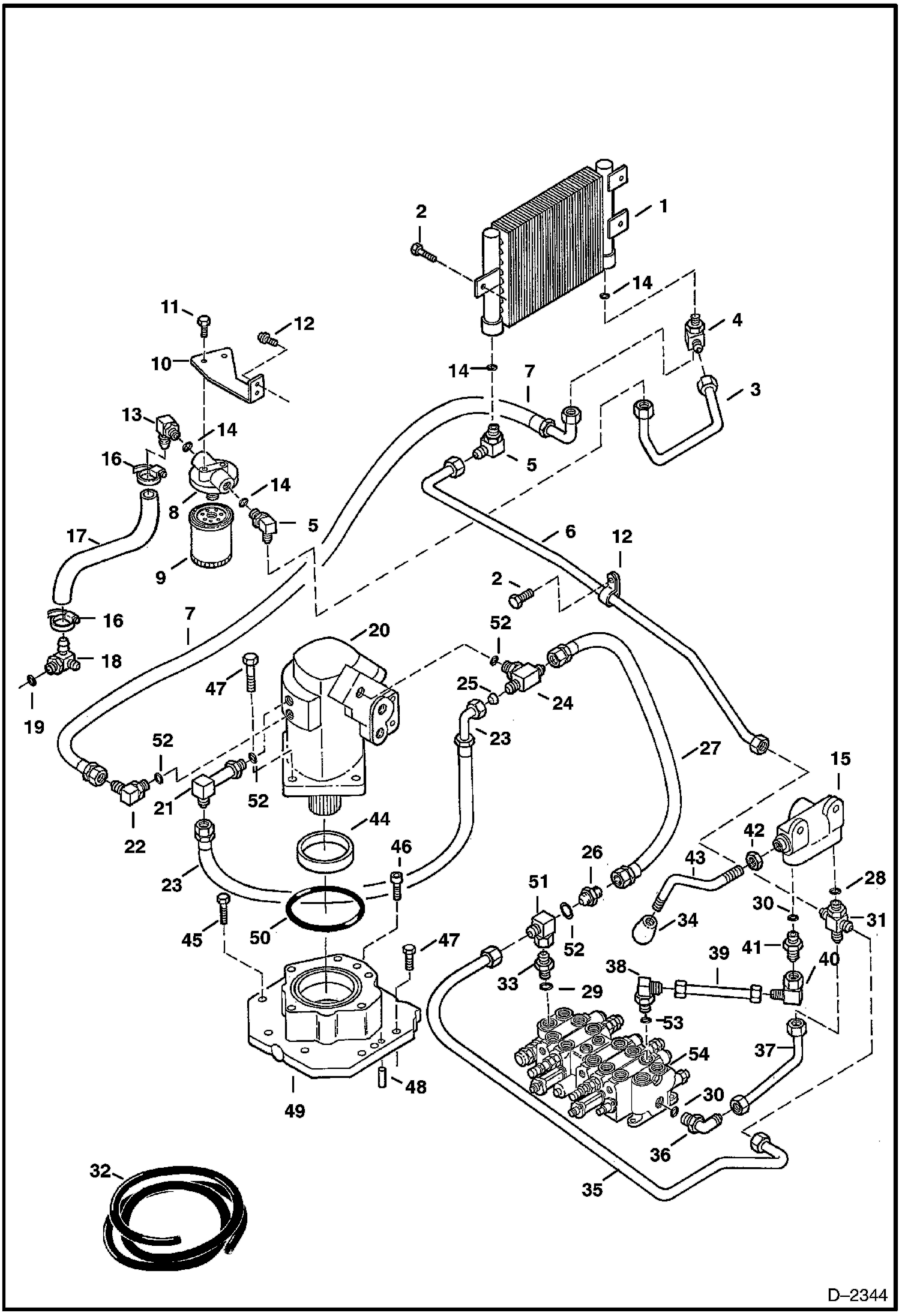 Схема запчастей Bobcat 328 - HYDRAULIC CIRCUITRY (Valve to Swing Motor to Selector Valve to Cooler to Filter) (S/N 514013001-514014899) HYDRAULIC SYSTEM