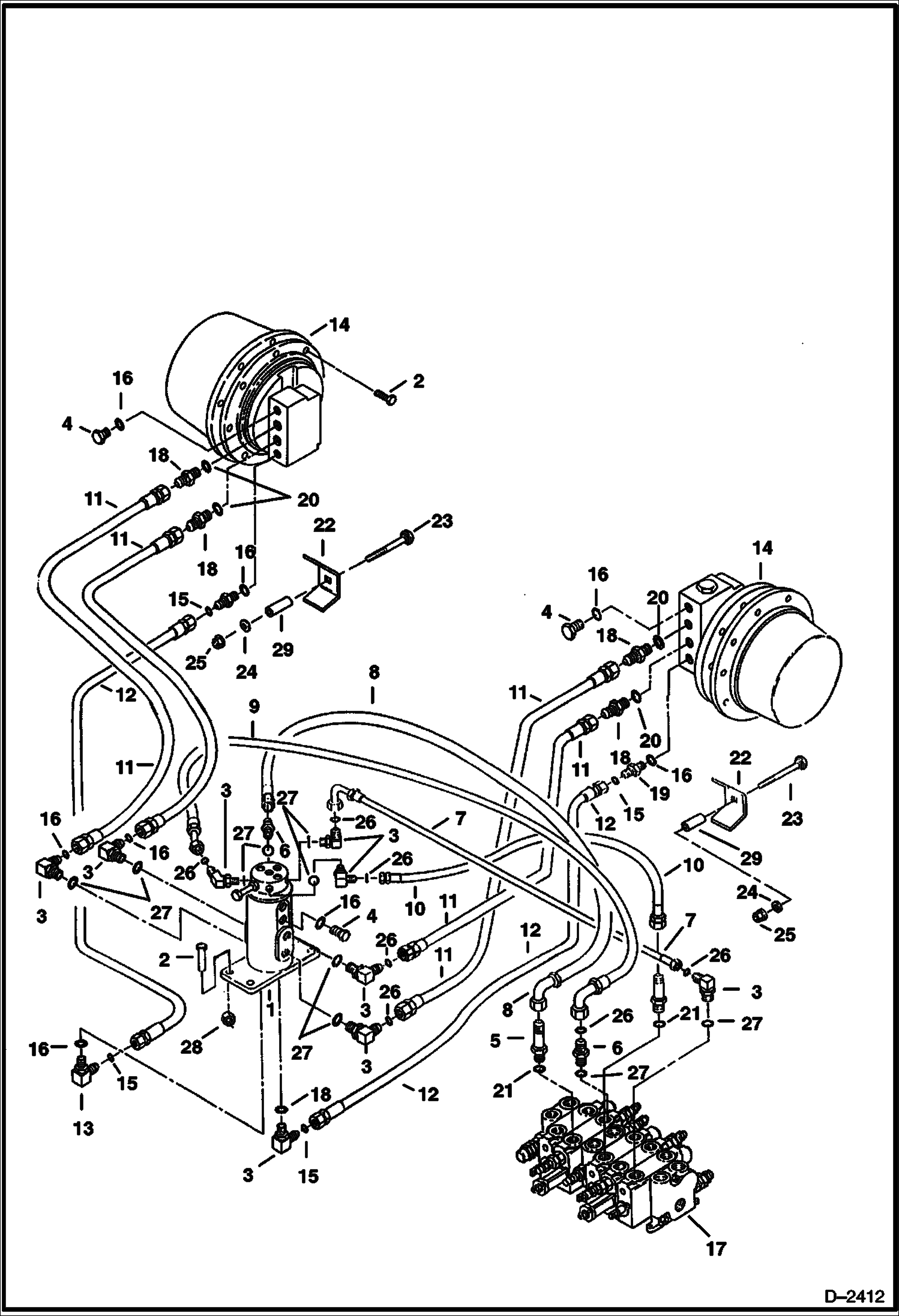 Схема запчастей Bobcat 328 - HYDRAULIC CIRCUITRY (Valve to Swivel Joint to Travel Motor) (S/N 514014900 & Above and 516611001 & Above) HYDRAULIC SYSTEM