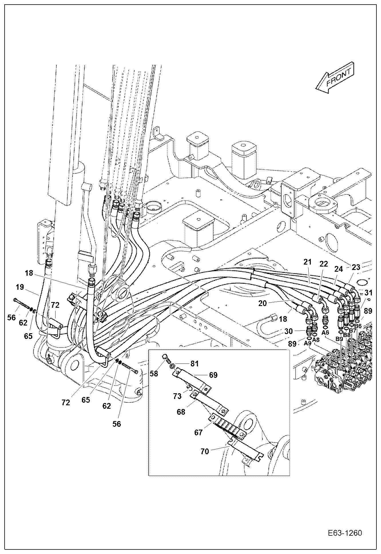 Схема запчастей Bobcat E62 - HYDRAULIC CIRCUITRY (Work Hoses & Control Valve) HYDRAULIC SYSTEM