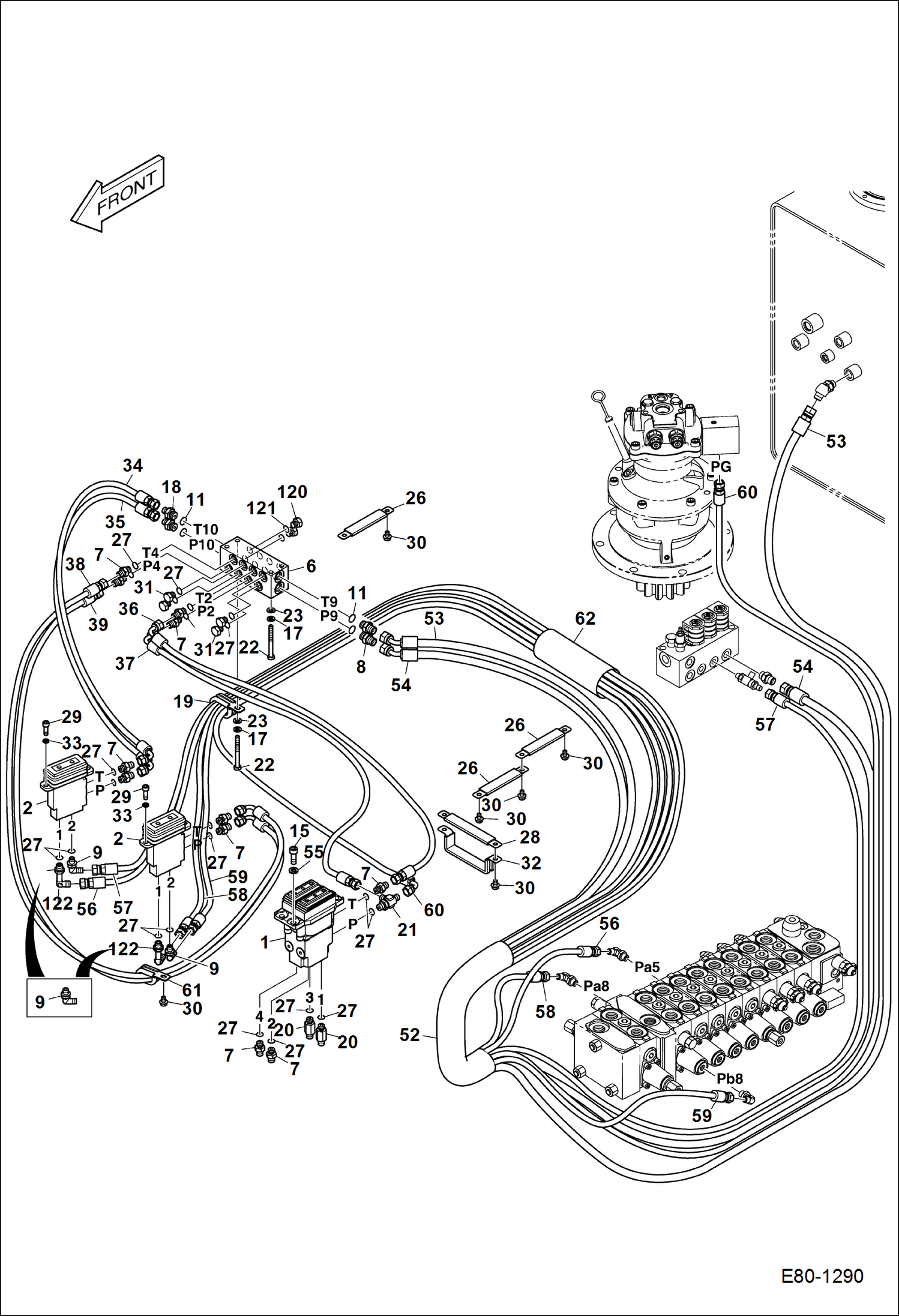 Схема запчастей Bobcat E80 - HYDRAULIC PILOT CIRCUITRY (Travel & Pedal Valves) HYDRAULIC SYSTEM
