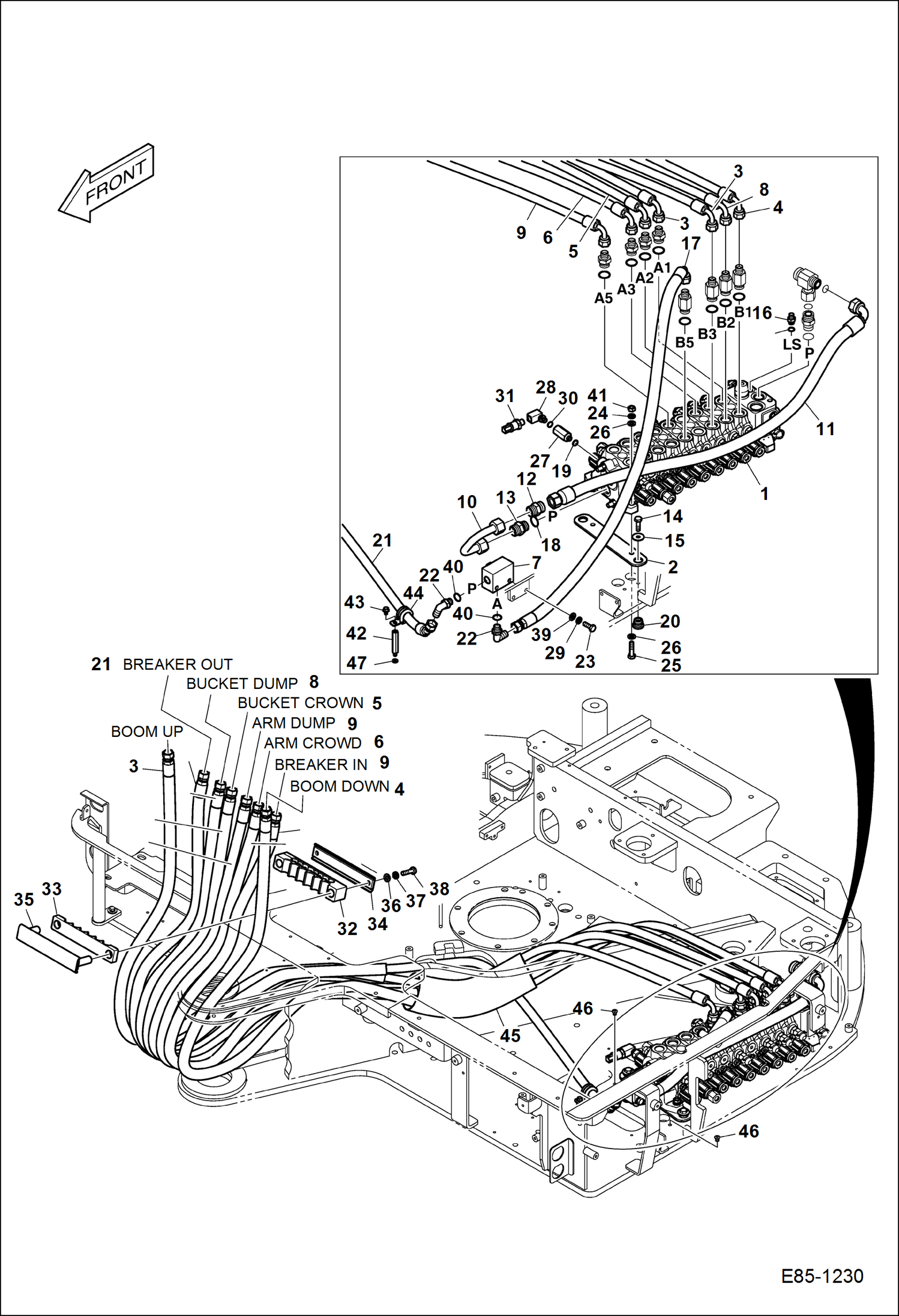 Схема запчастей Bobcat E85 - HYDRAULIC CIRCUITRY (Work Hoses & Control Valve) HYDRAULIC SYSTEM