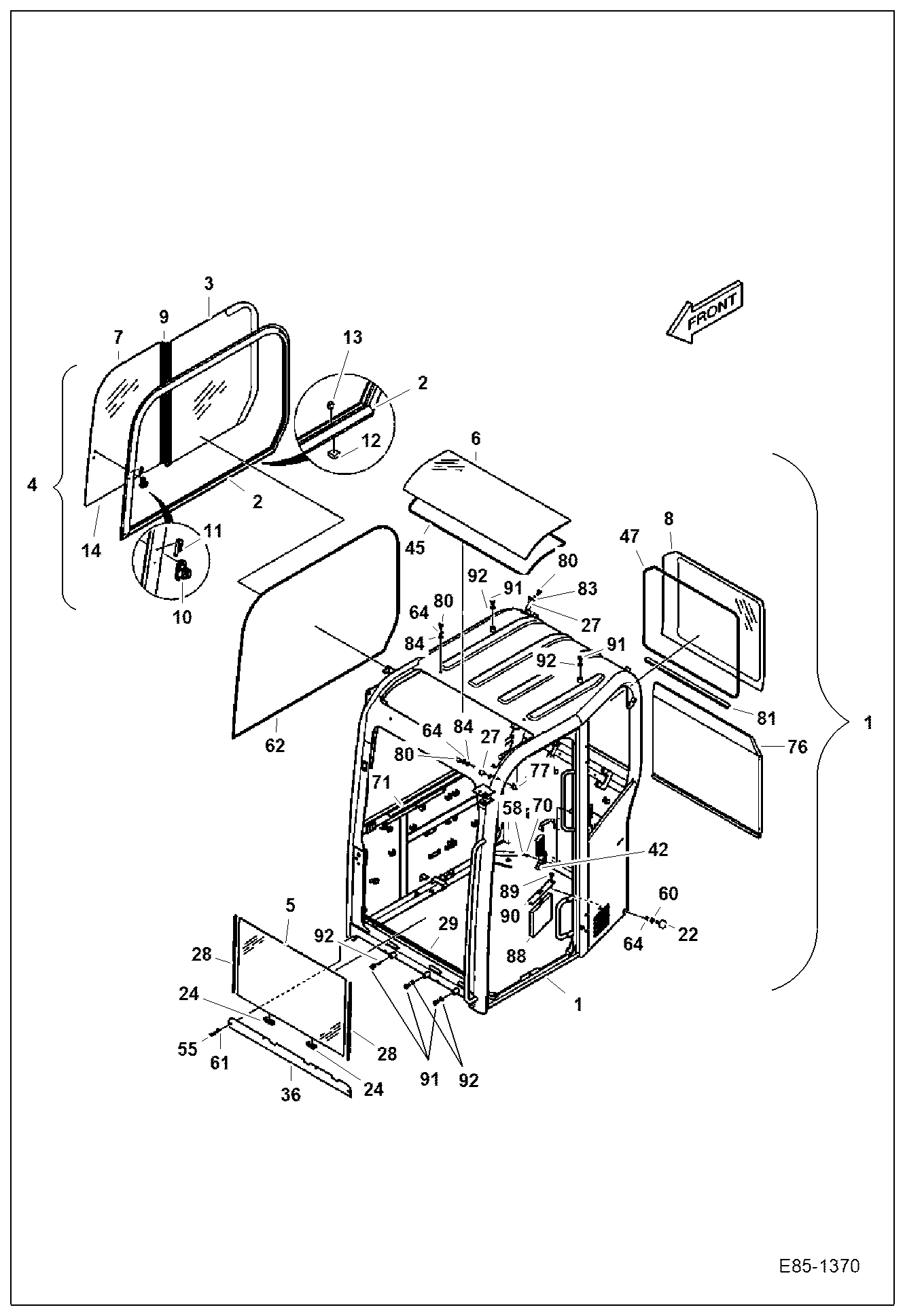 Схема запчастей Bobcat E85 - OPERATOR CAB (Windows) MAIN FRAME