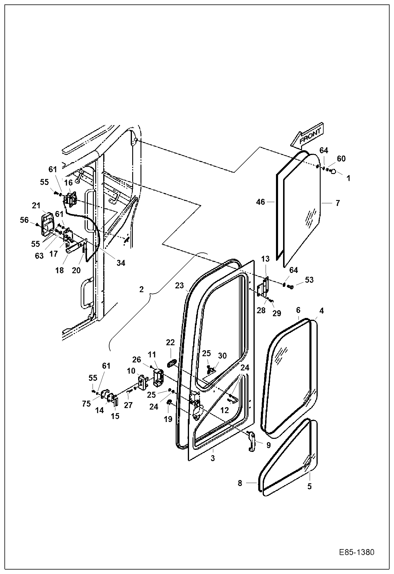 Схема запчастей Bobcat E85 - OPERATOR CAB (Door & Windows) MAIN FRAME