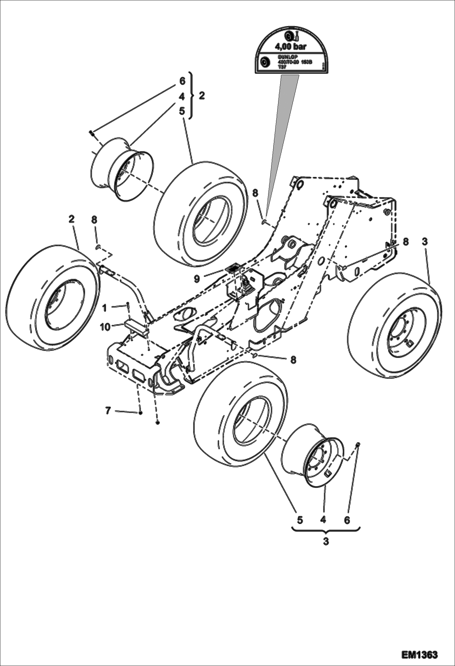 Схема запчастей Bobcat T2566 - WHEELS (Dunlop 400/70-20 150B) ACCESSORIES & OPTIONS