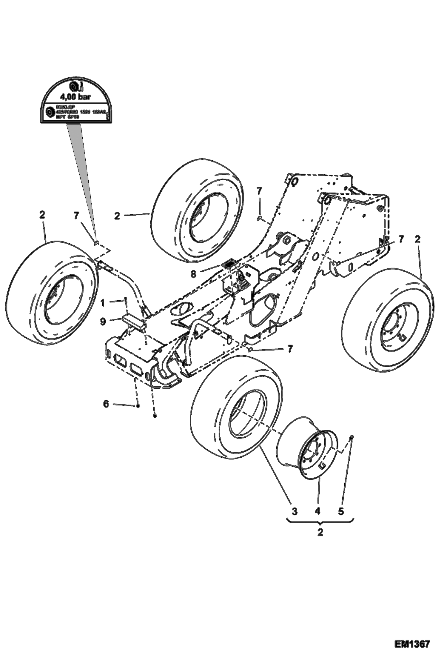 Схема запчастей Bobcat T2566 - WHEELS (Dunlop 405/70-20 SPT9) ACCESSORIES & OPTIONS