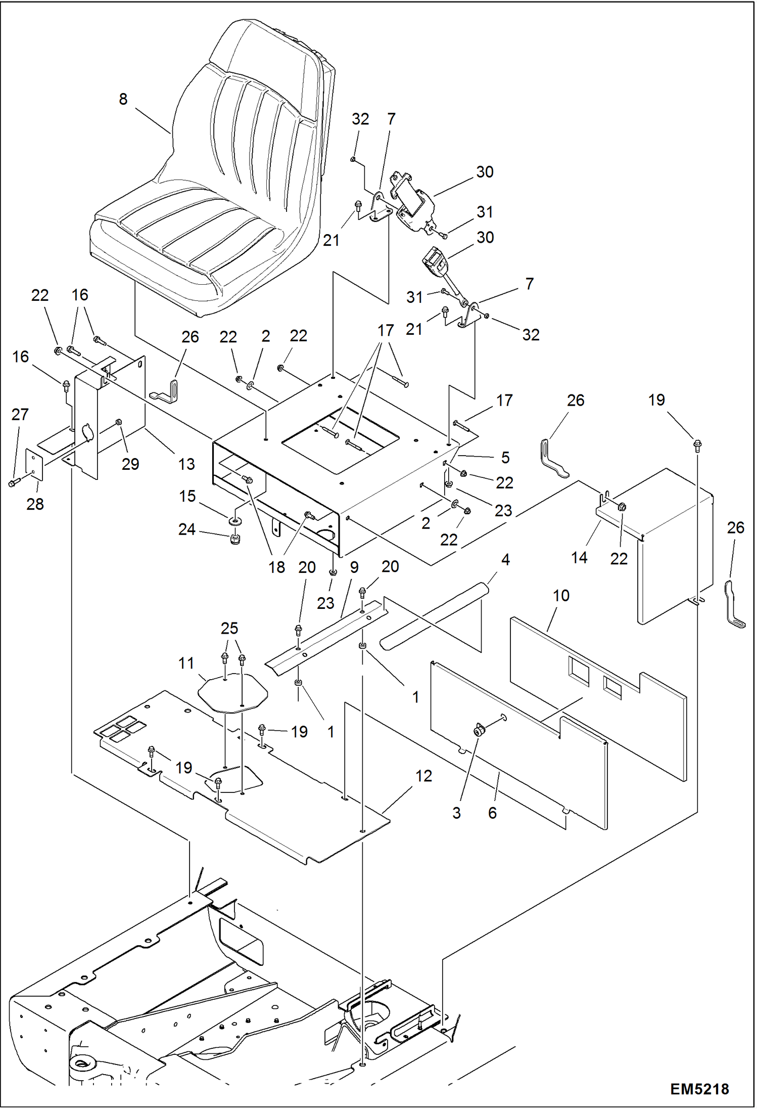 Схема запчастей Bobcat 321 - OPERATOR SEAT INSTALLATION (W/seat #7110397) MAIN FRAME