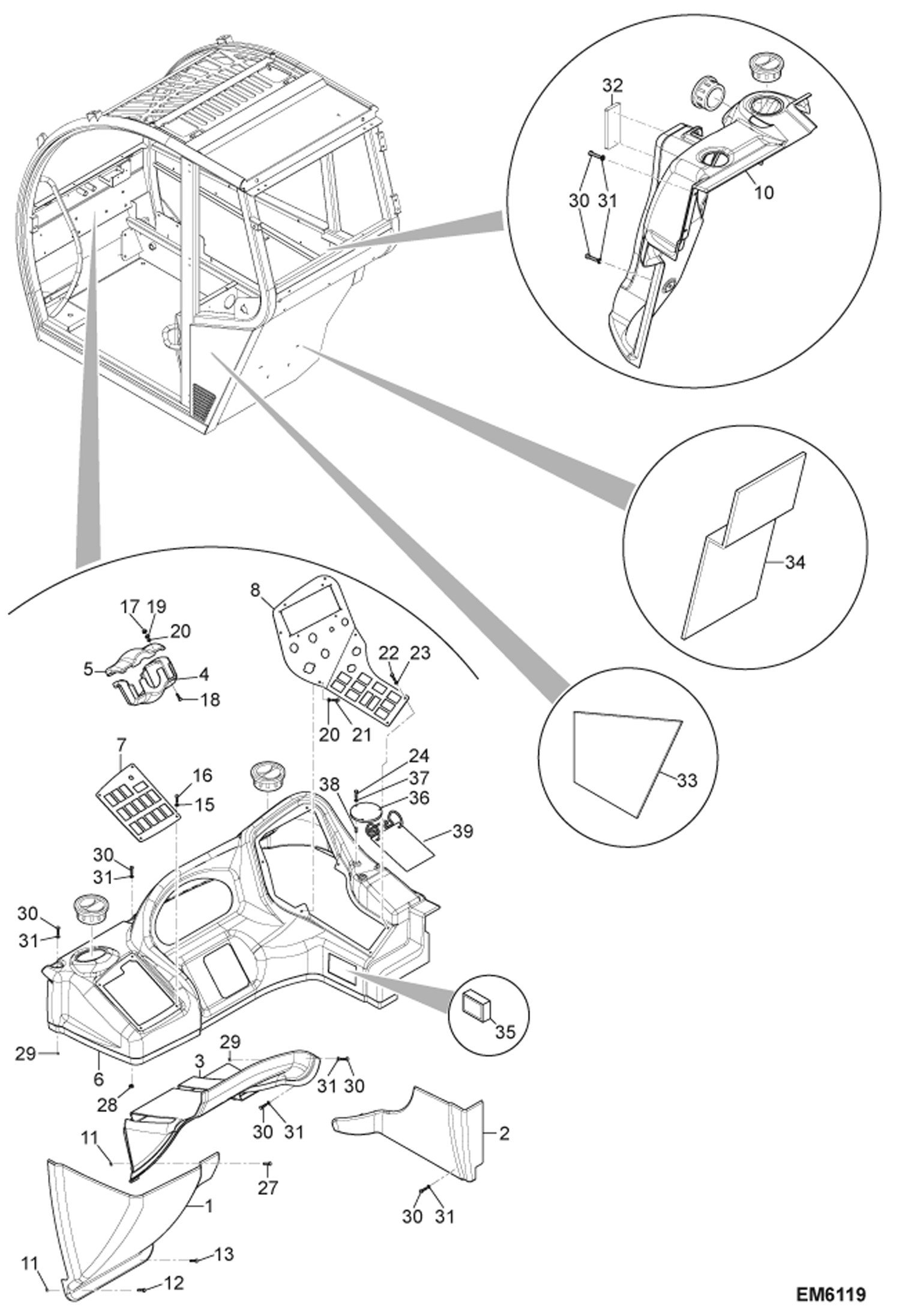 Схема запчастей Bobcat TR45190 - OPERATOR CAB (Interior Cowling) MAIN FRAME