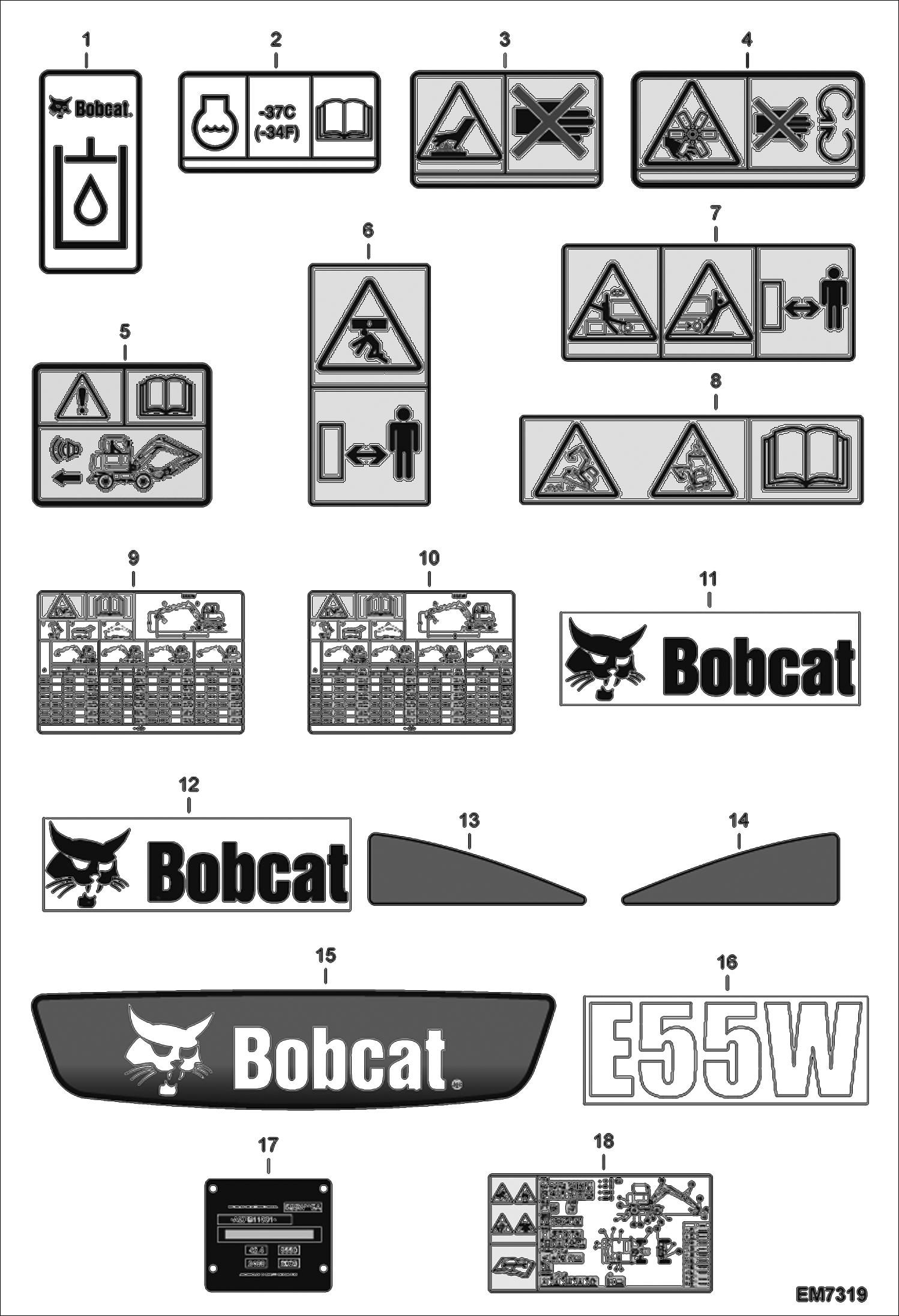 Схема запчастей Bobcat E55W - DECALS (Outside) ACCESSORIES & OPTIONS
