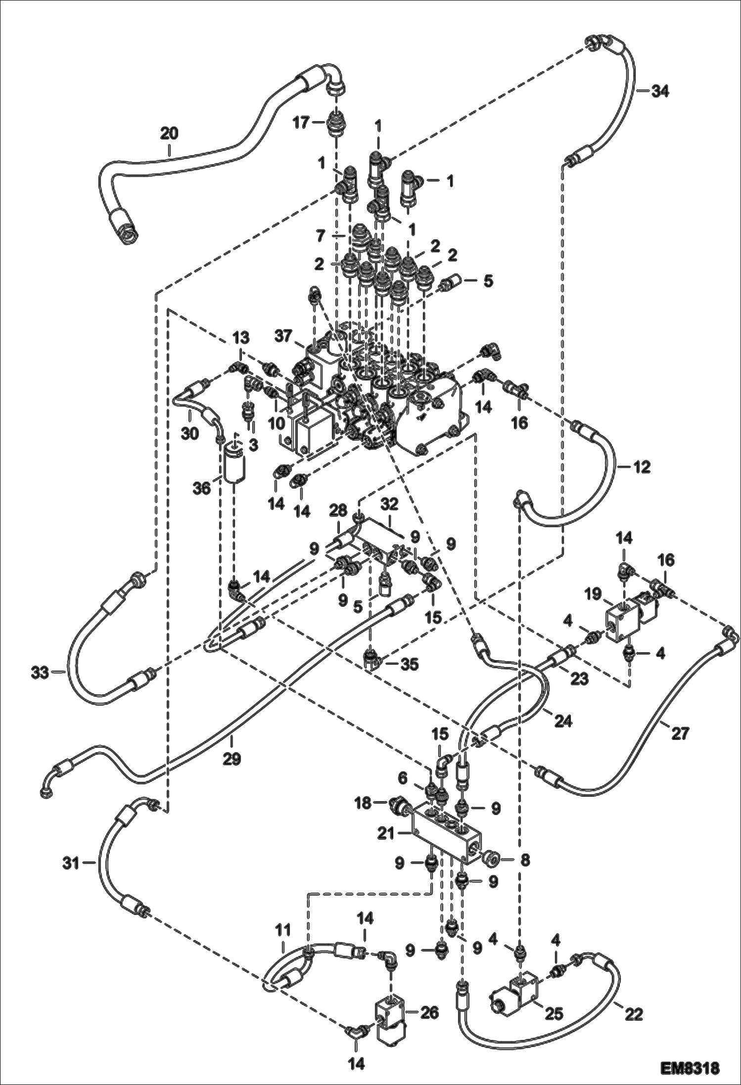 Схема запчастей Bobcat T35120SL - HYDRAULIC CONTROL VALVE INSTALLATION (S/N A8GJ15000 & Above, A8GV15000 & Above) HYDRAULIC SYSTEM