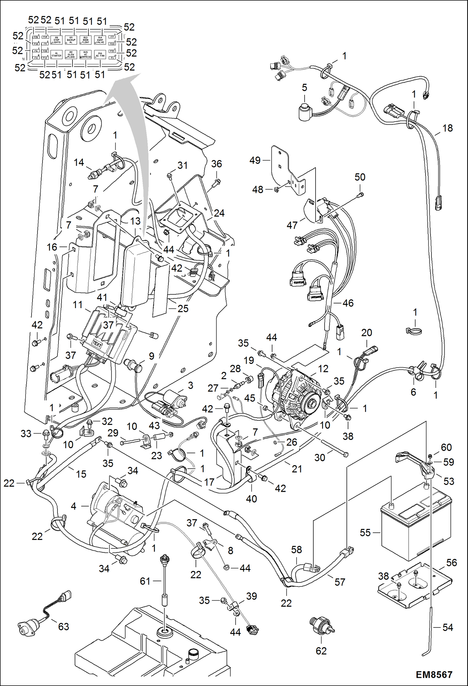 Схема запчастей Bobcat S-Series - ELECTRICAL CIRCUITRY (Engine Sensors, Battery, Alternator & Starter) ELECTRICAL SYSTEM
